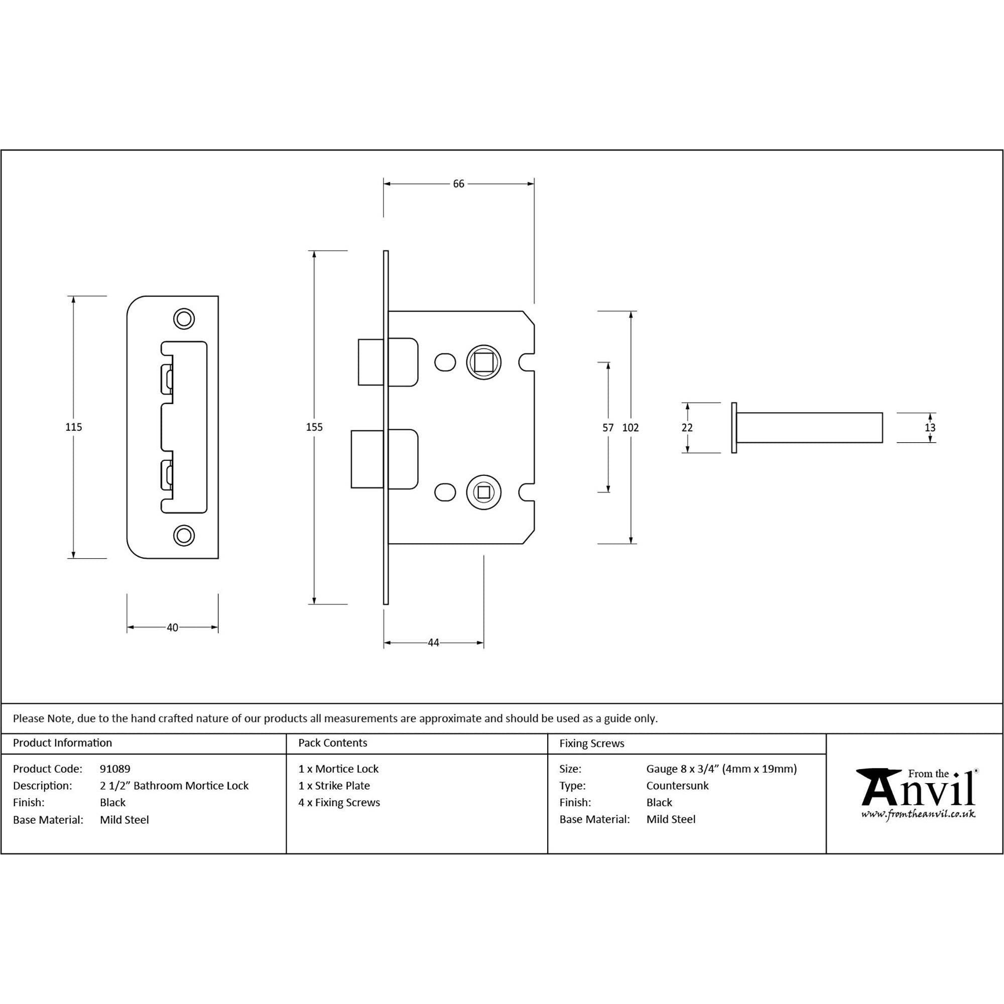 Black 2½" Bathroom Mortice Lock | From The Anvil - Bathroom Locks - From The Anvil - Yester Home