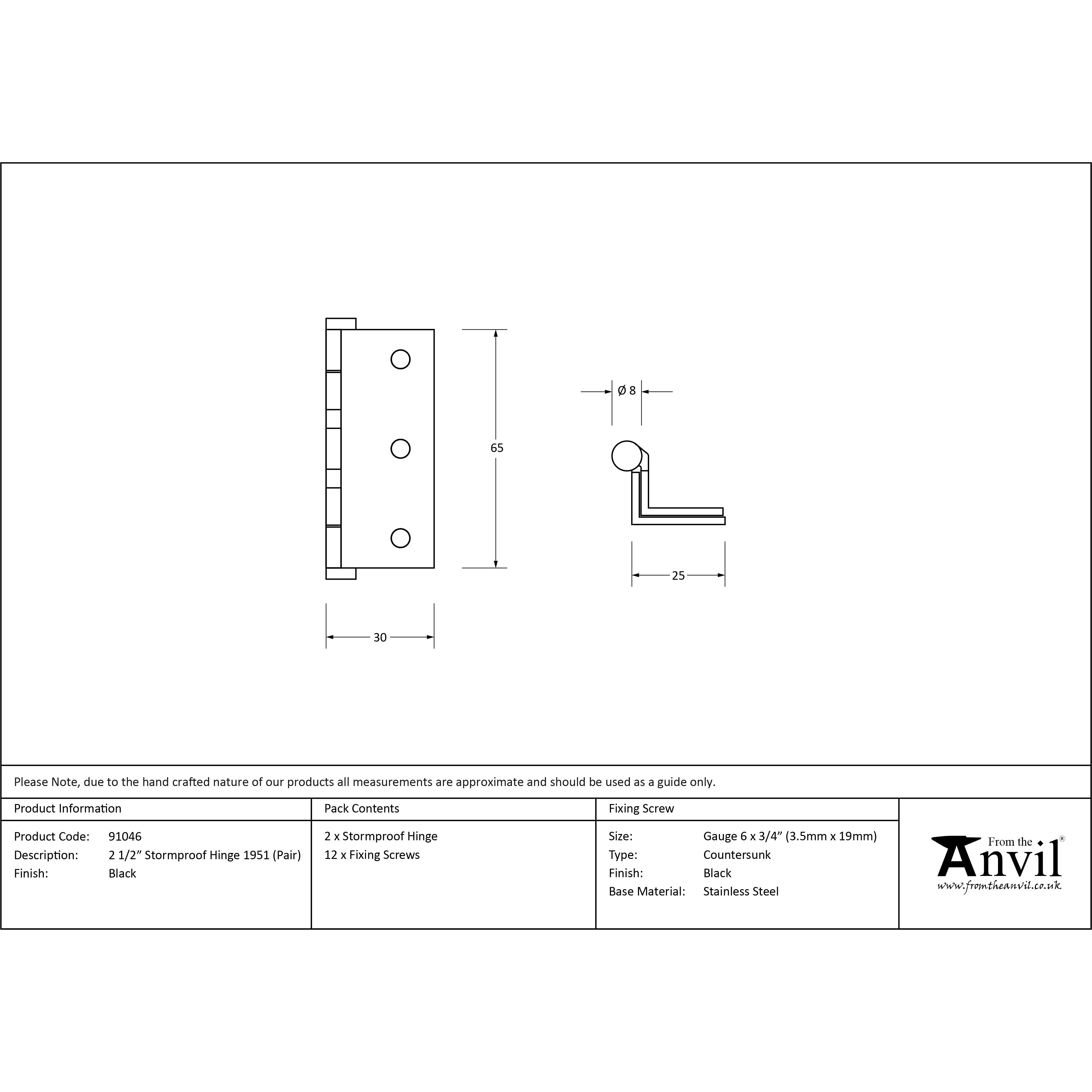 Black 2½" Stormproof Hinge 1951 (Pair) | From The Anvil-Stormproof Hinges-Yester Home