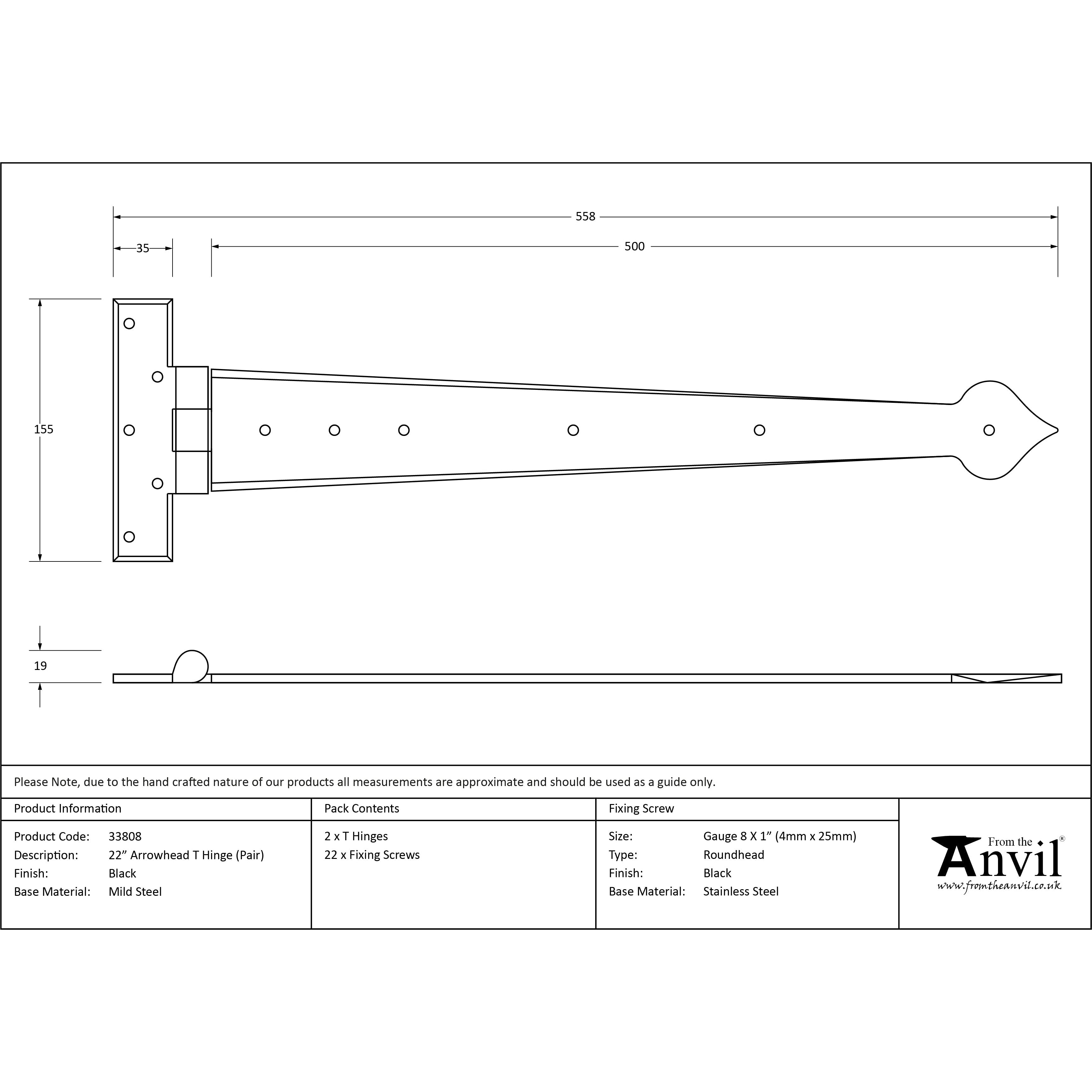 Black 22" Arrow Head T Hinge (pair) | From The Anvil-T Hinges-Yester Home