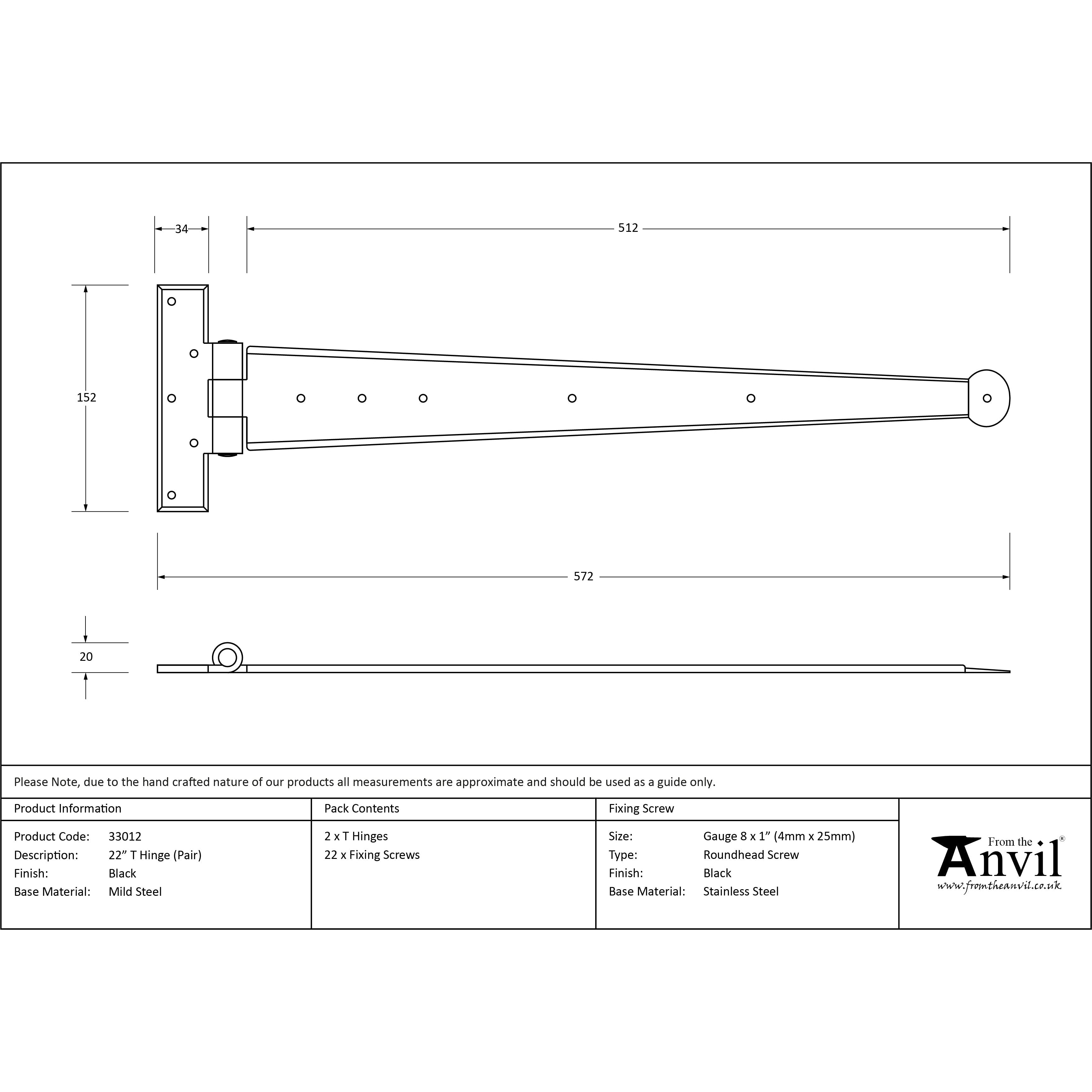 Black 22" Penny End T Hinge (pair) | From The Anvil-T Hinges-Yester Home