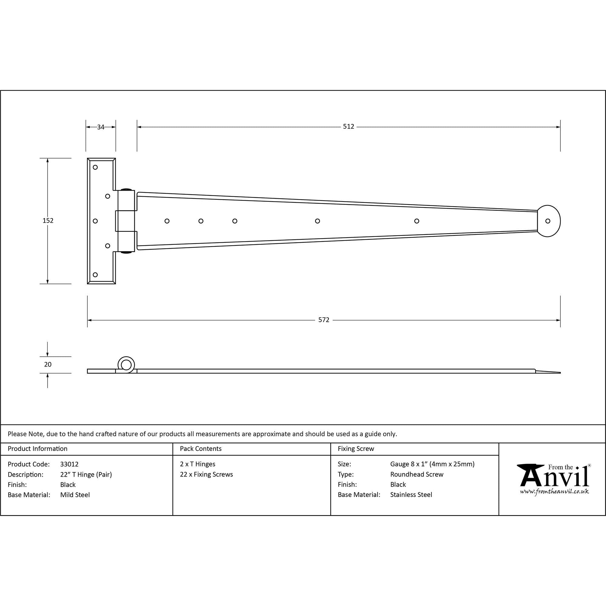 Black 22" Penny End T Hinge (pair) | From The Anvil - T Hinges - From The Anvil - Yester Home
