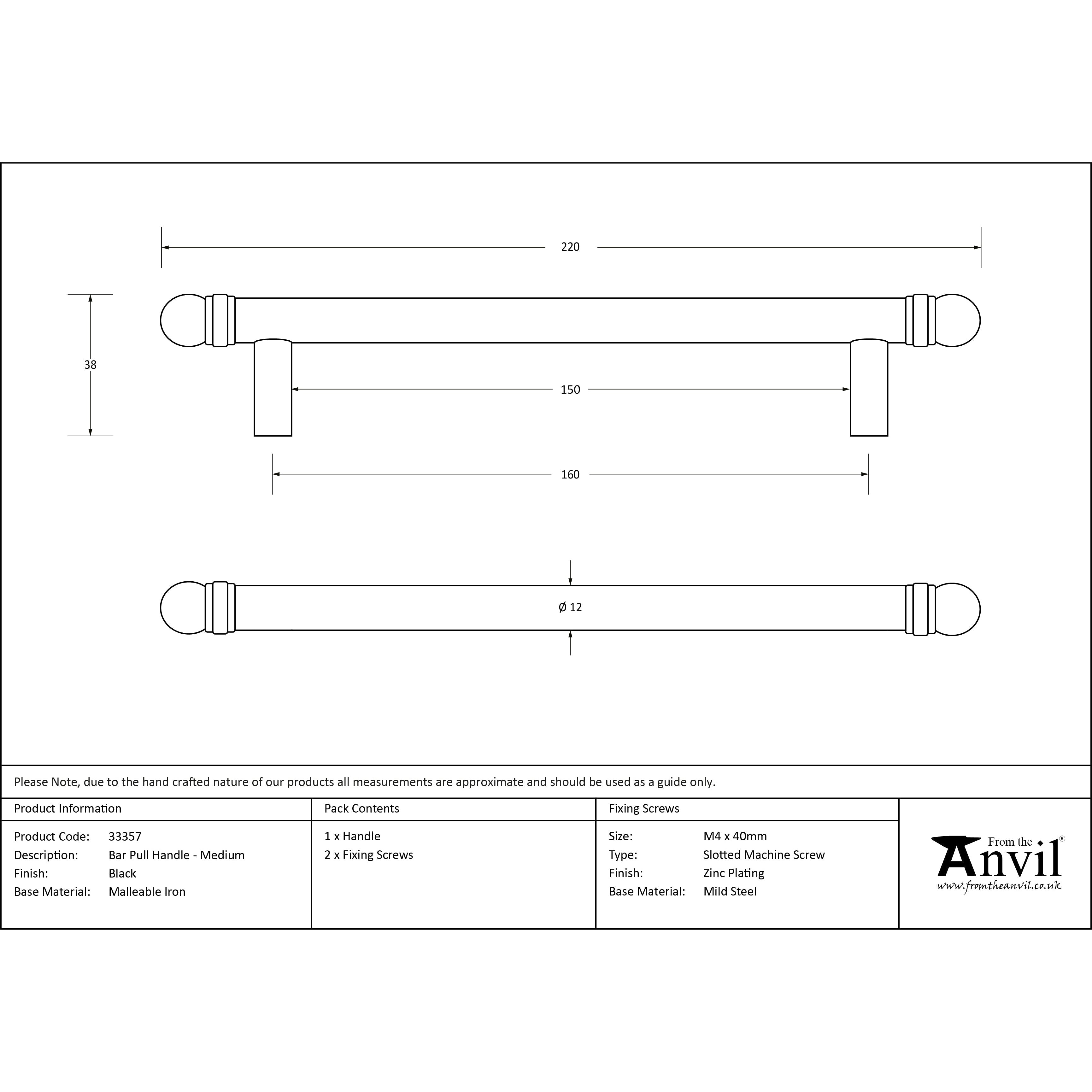 Black 220mm Bar Pull Handle | From The Anvil-Pull Handles-Yester Home