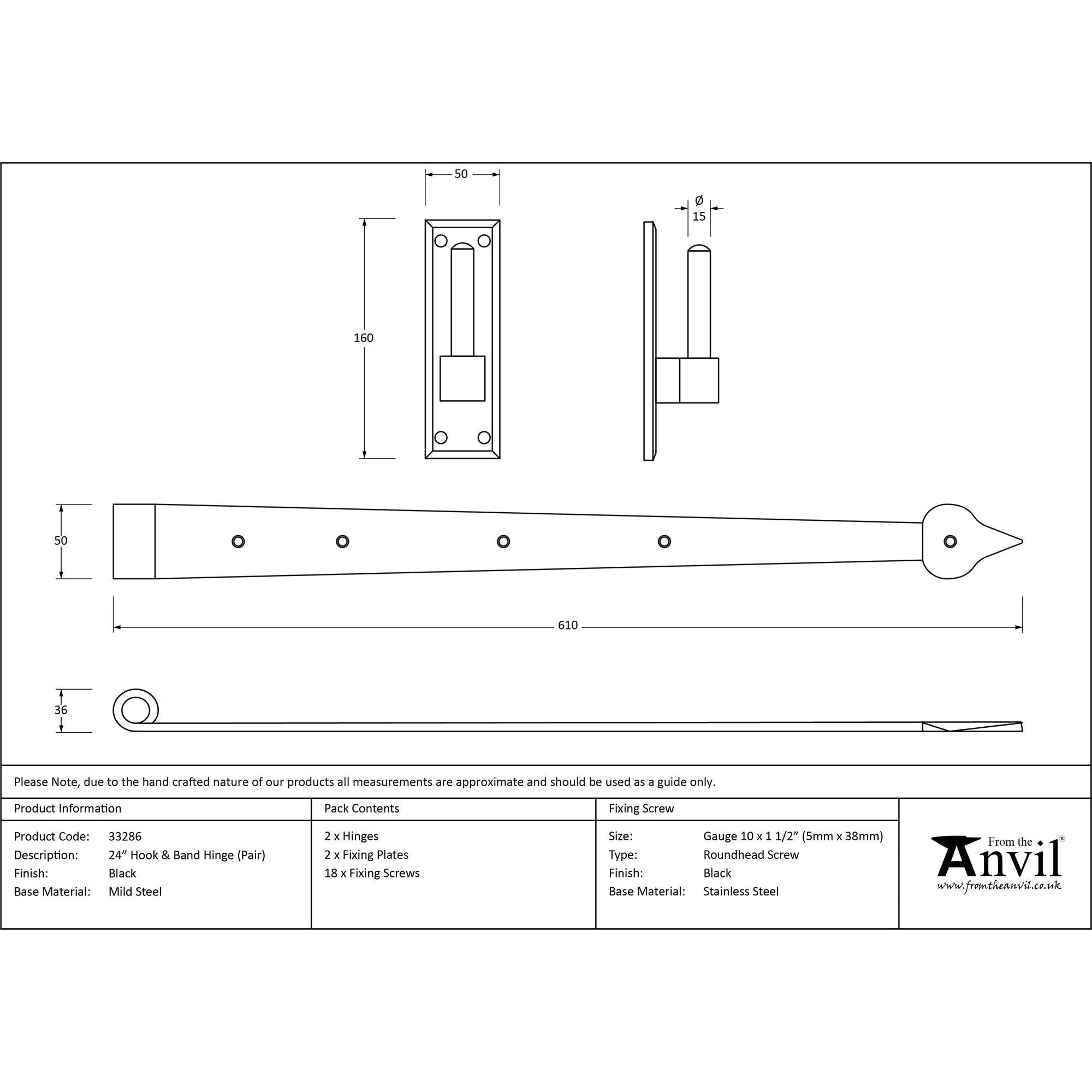 Black 24" Hook & Band Hinge (pair) | From The Anvil - Hook & Band Hinges - From The Anvil - Yester Home