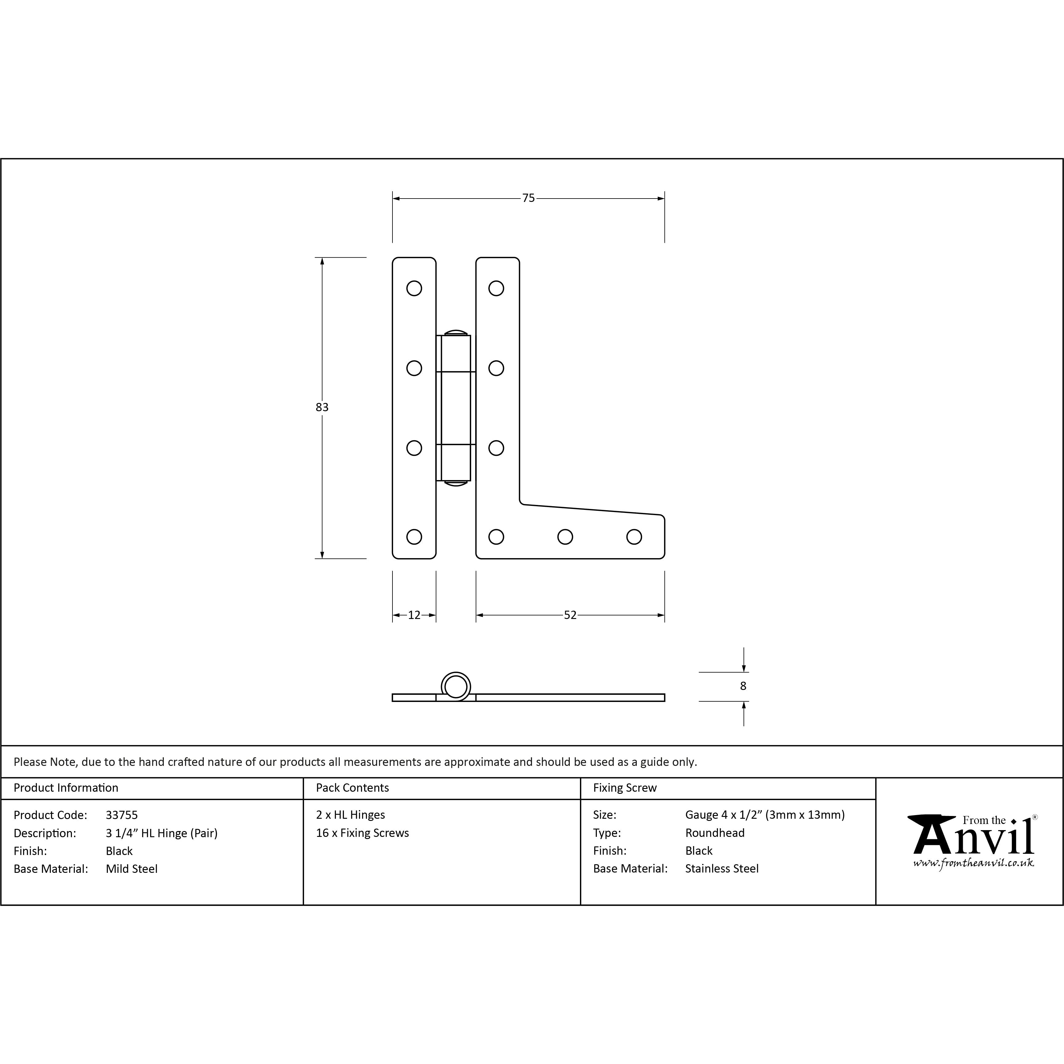 Black 3¼" HL Hinge (pair) | From The Anvil-H & HL Hinges-Yester Home