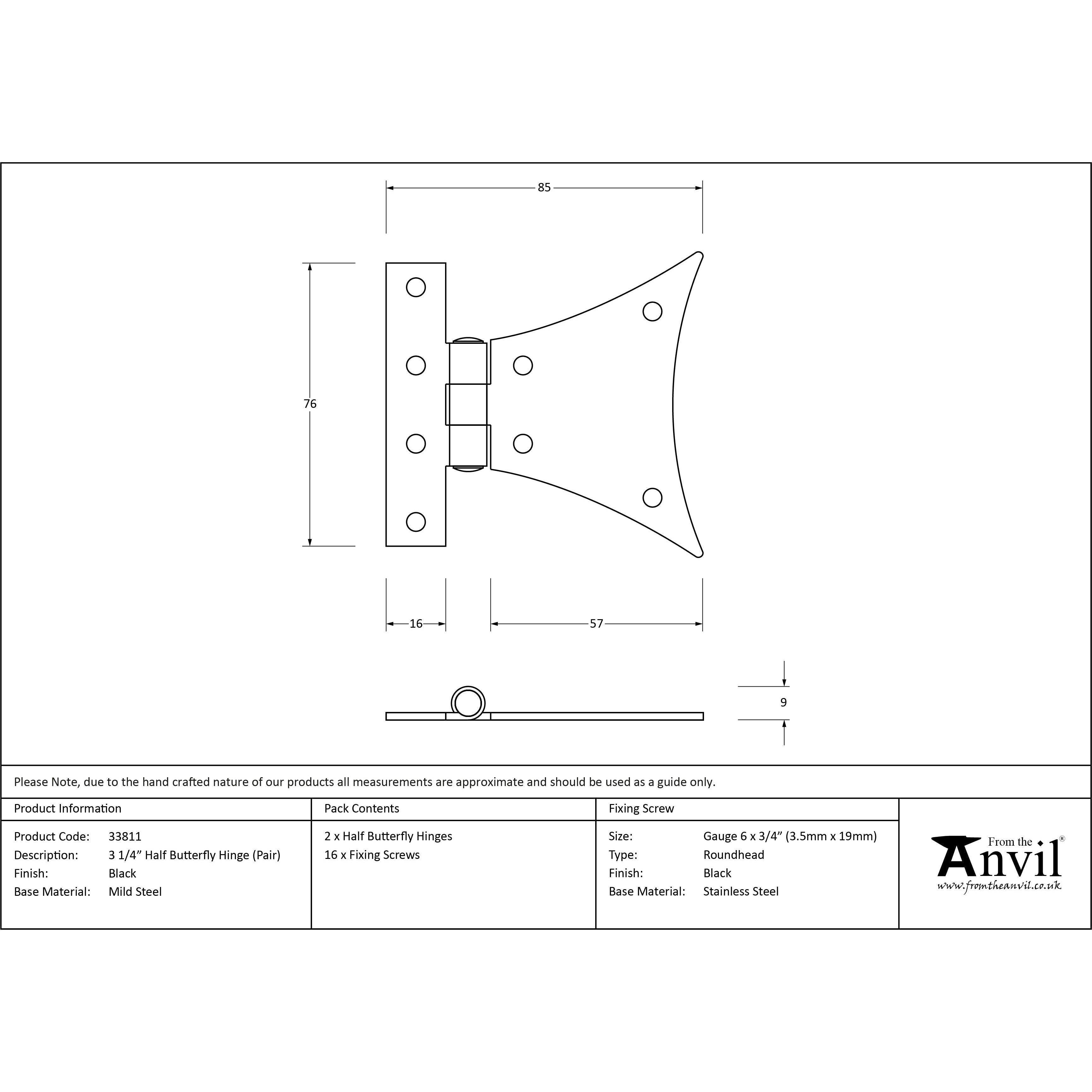 Black 3¼" Half Butterfly Hinge (pair) | From The Anvil-Butterfly Hinges-Yester Home