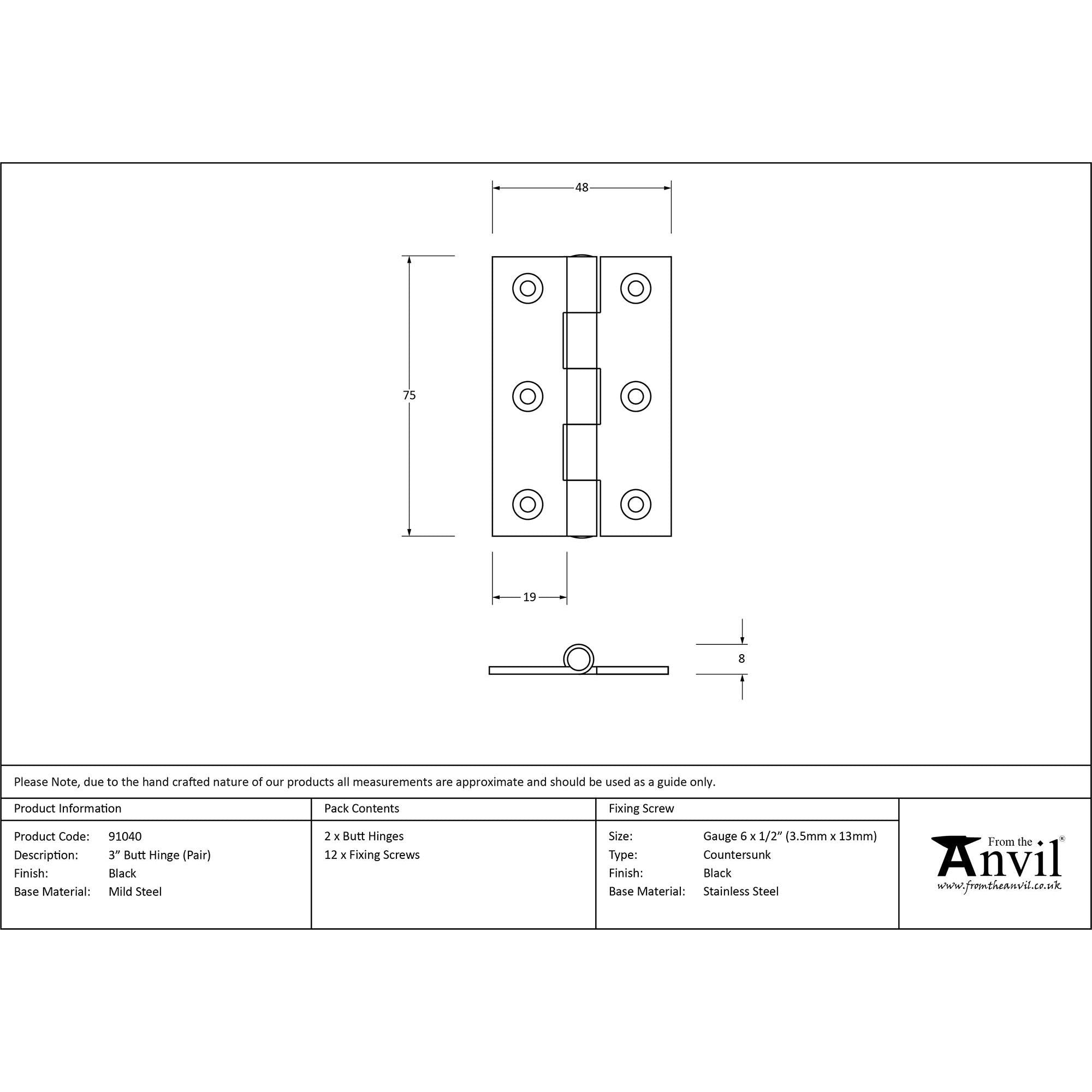 Black 3" Butt Hinge (pair) | From The Anvil - Butt Hinges - From The Anvil - Yester Home