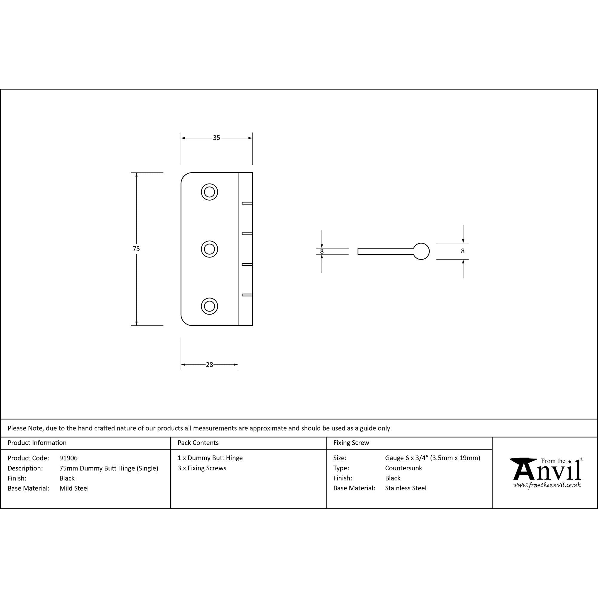 Black 3" Dummy Butt Hinge (Single) | From The Anvil - Butt Hinges - From The Anvil - Yester Home