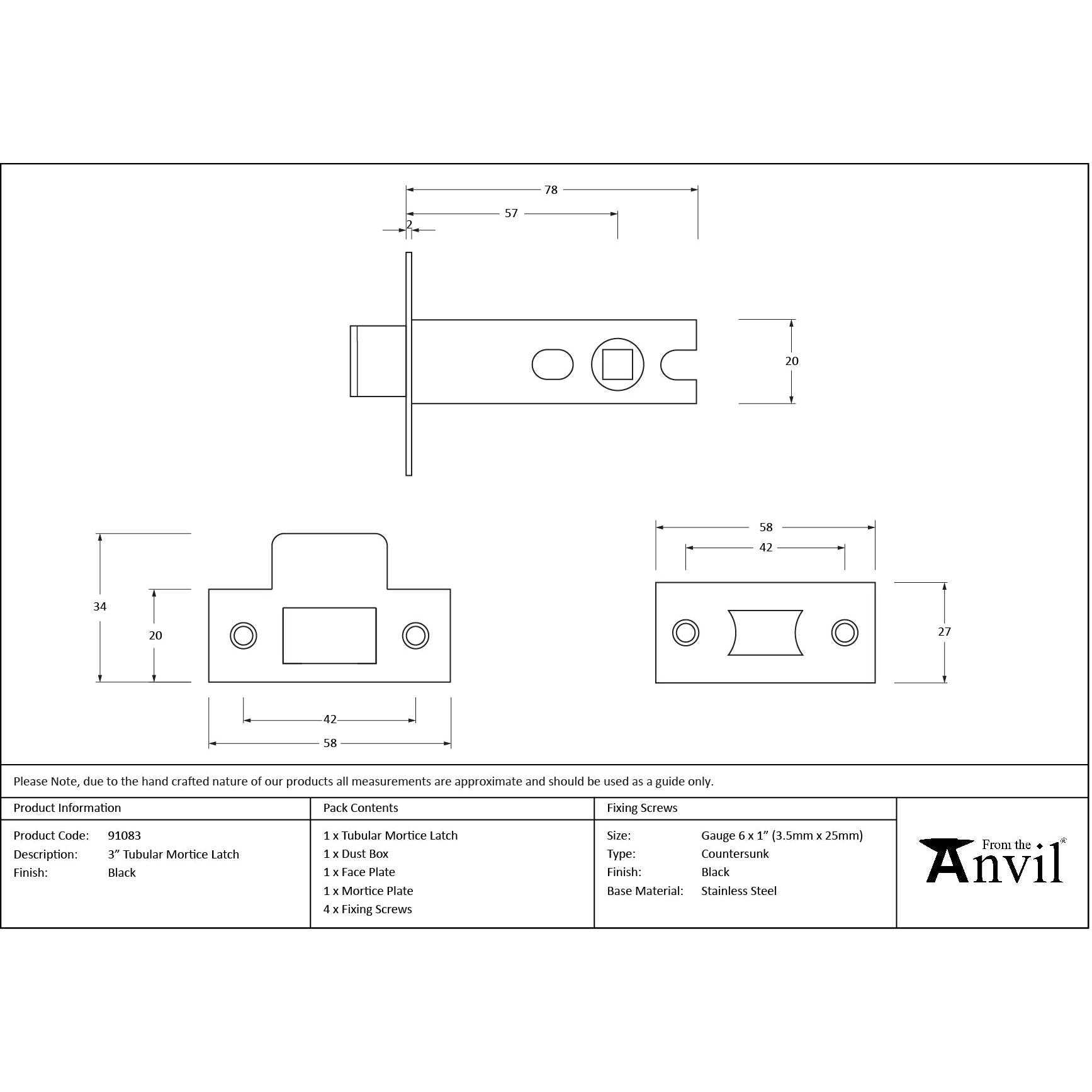 Black 3" Tubular Mortice Latch | From The Anvil - Latches - From The Anvil - Yester Home