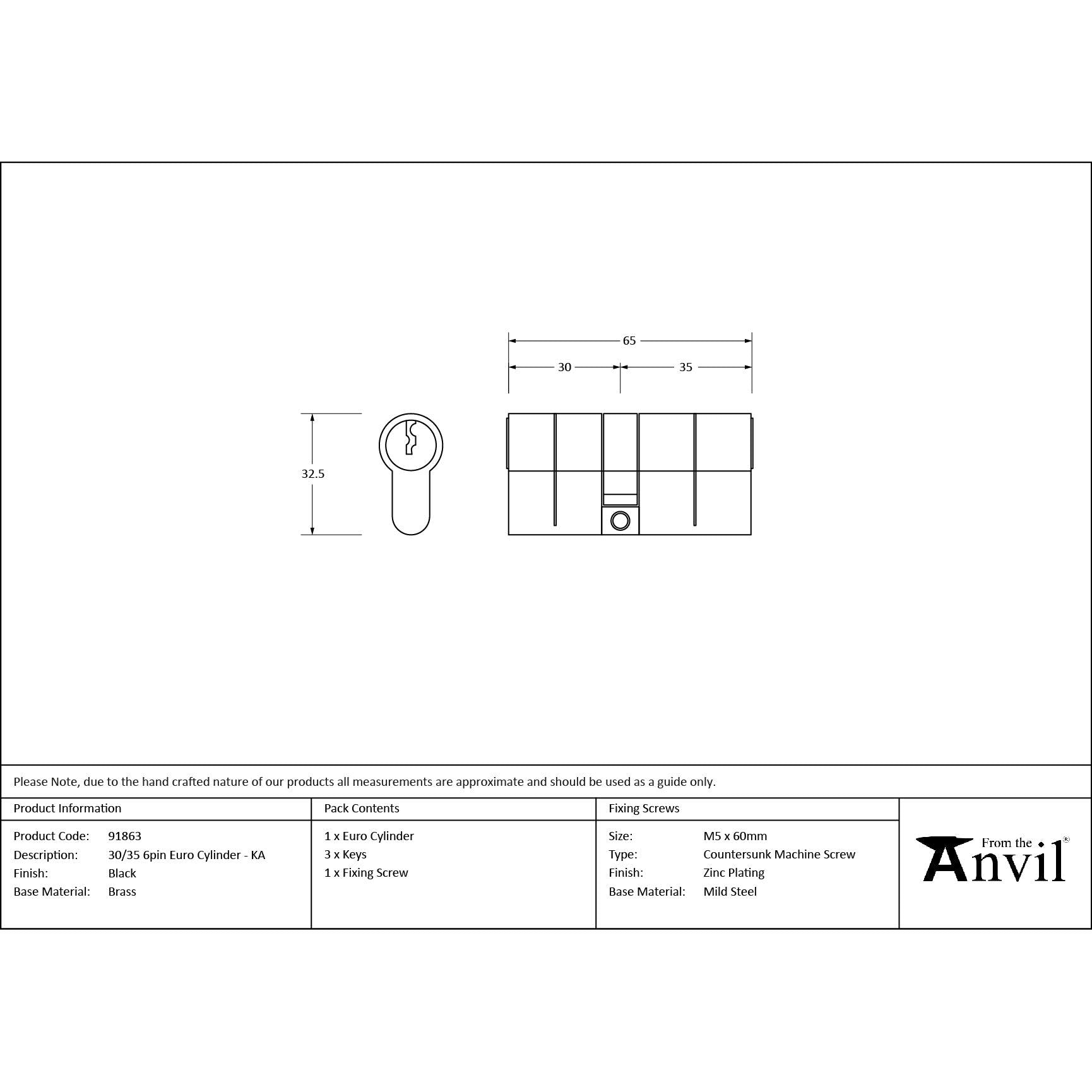 Black 30/35 6pin Euro Cylinder KA | From The Anvil - Euro Cylinders - From The Anvil - Yester Home
