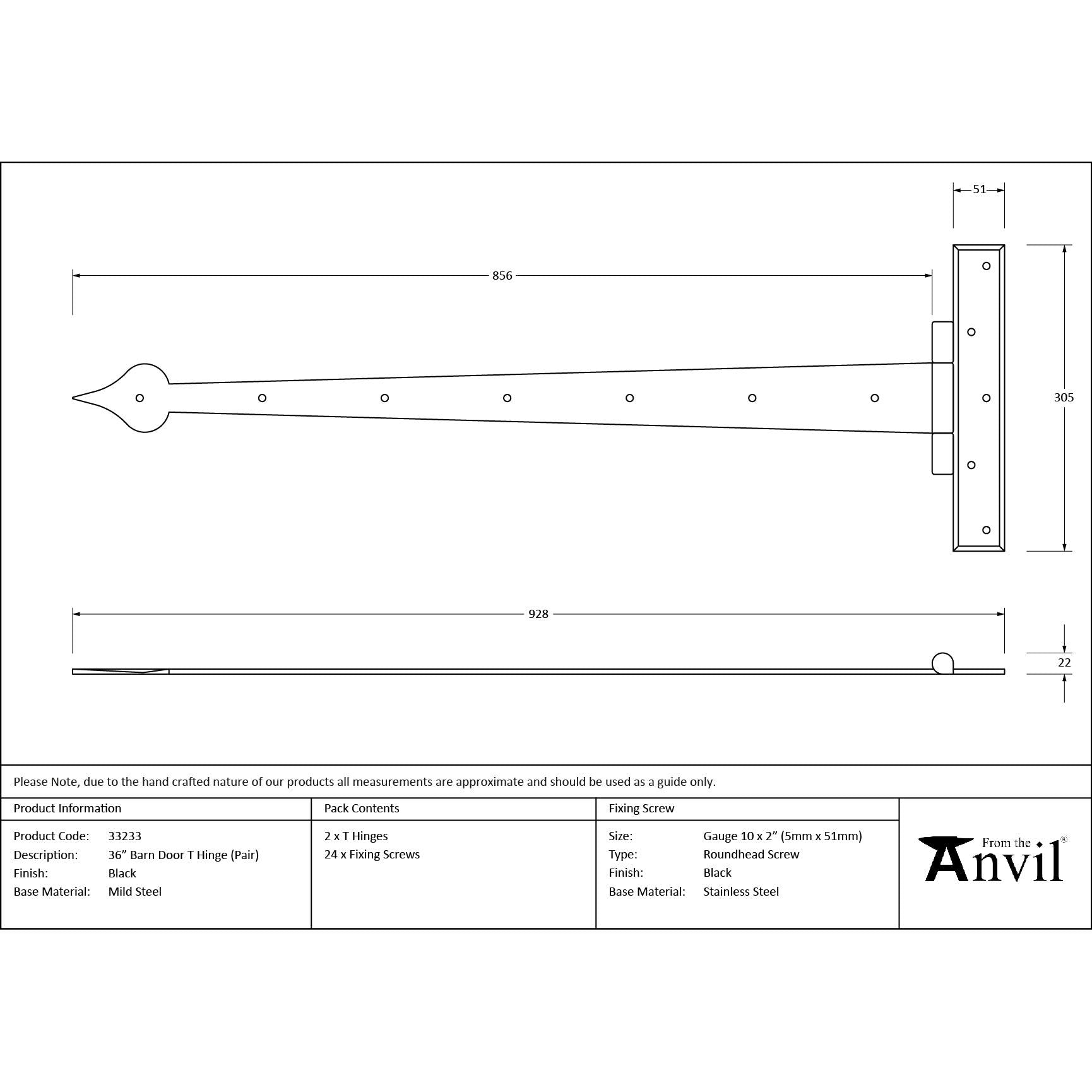 Black 36" Barn Door T Hinge (pair) | From The Anvil - T Hinges - From The Anvil - Yester Home