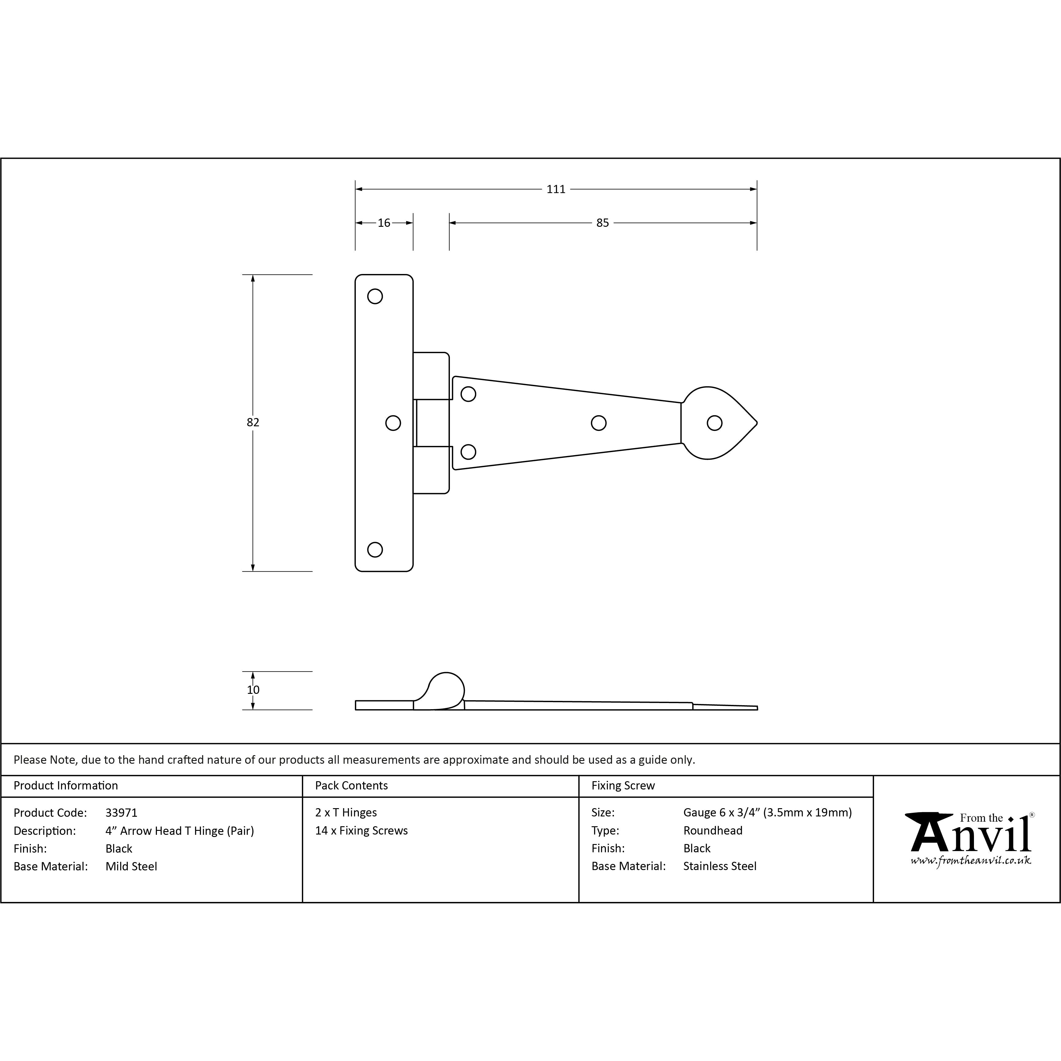 Black 4" Arrow Head T Hinge (pair) | From The Anvil-T Hinges-Yester Home