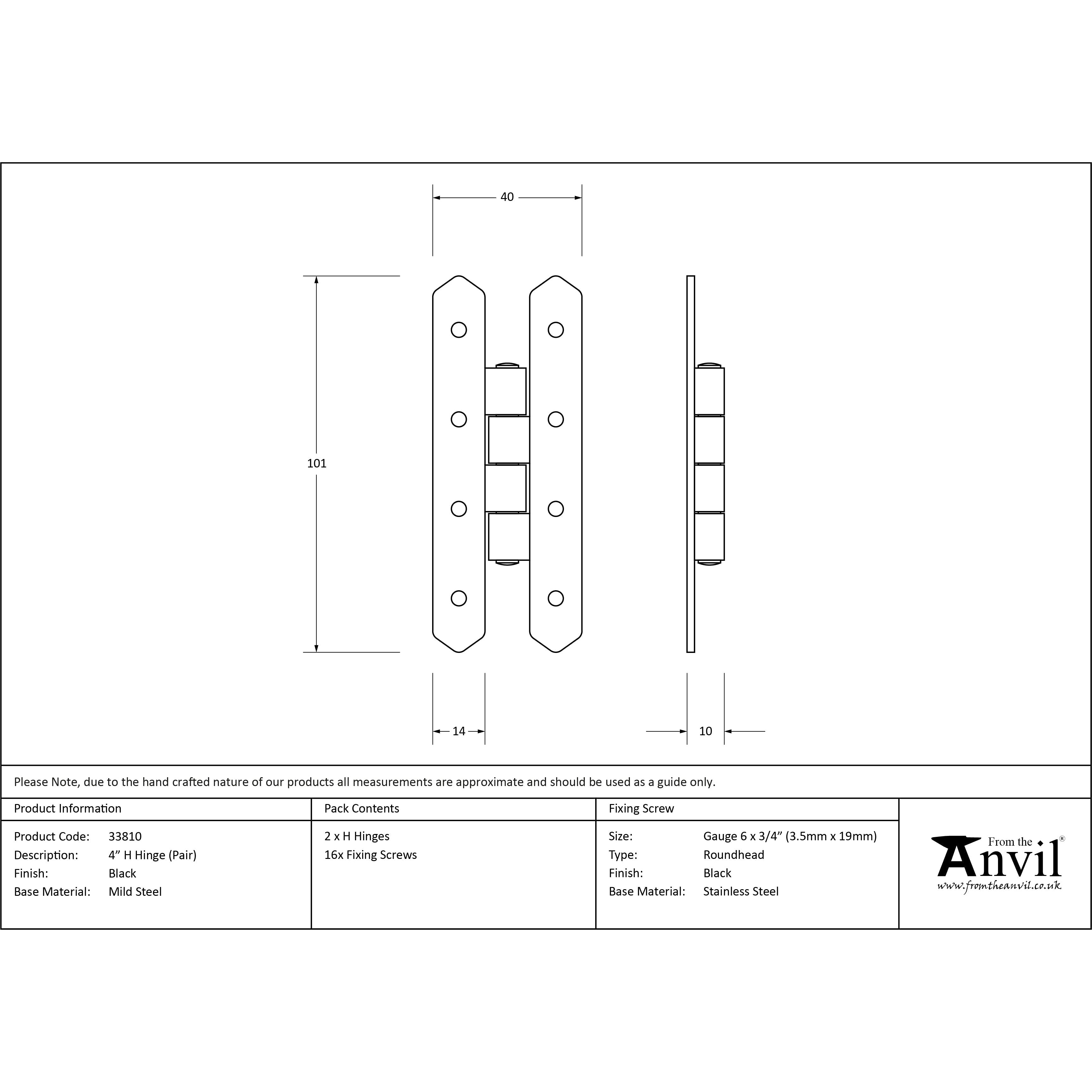 Black 4" H Hinge (pair) | From The Anvil-H & HL Hinges-Yester Home
