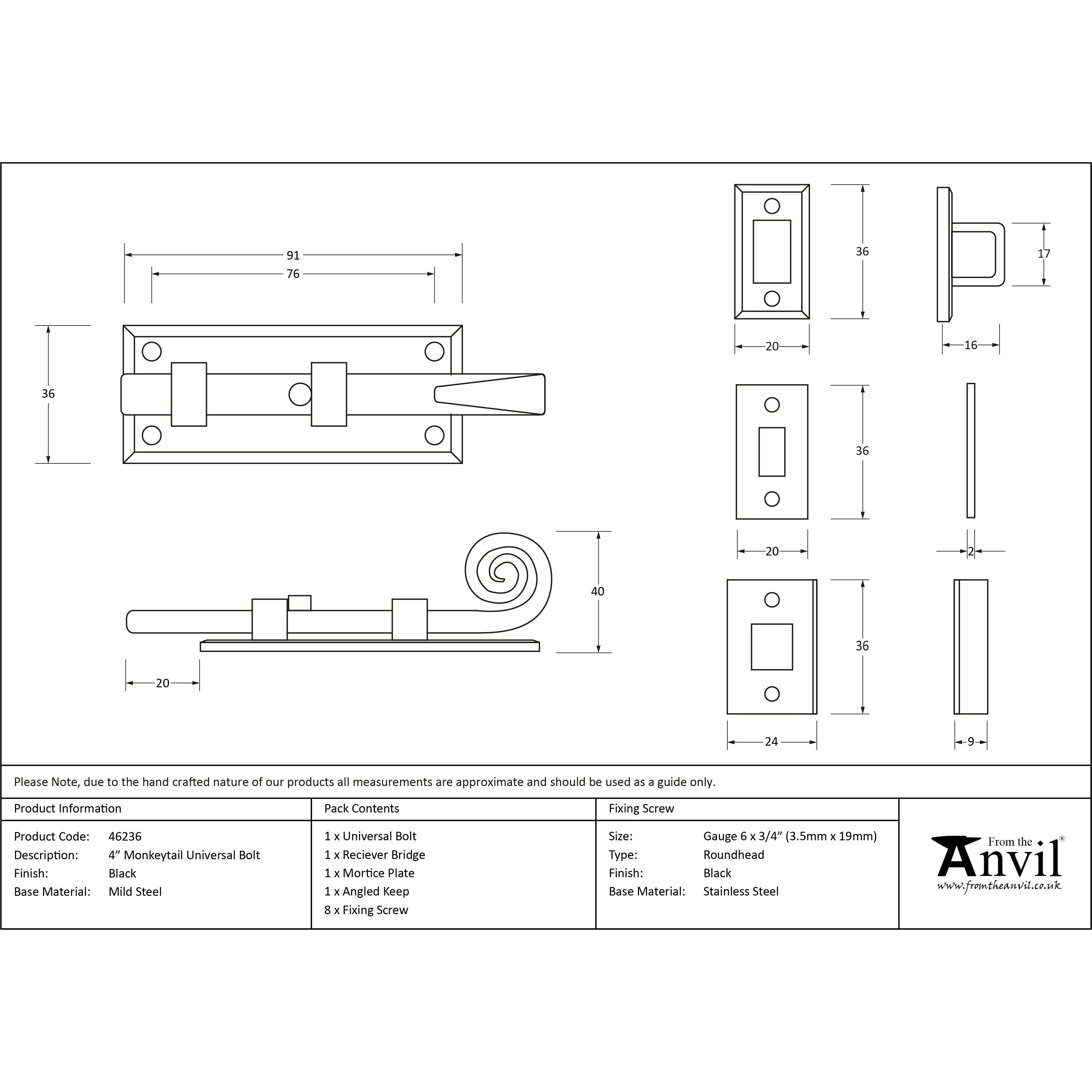 Black 4" Monkeytail Universal Bolt | From The Anvil-Bolts-Yester Home