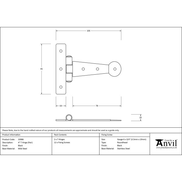 Black 4" Penny End T Hinge (pair) | From The Anvil-T Hinges-Yester Home