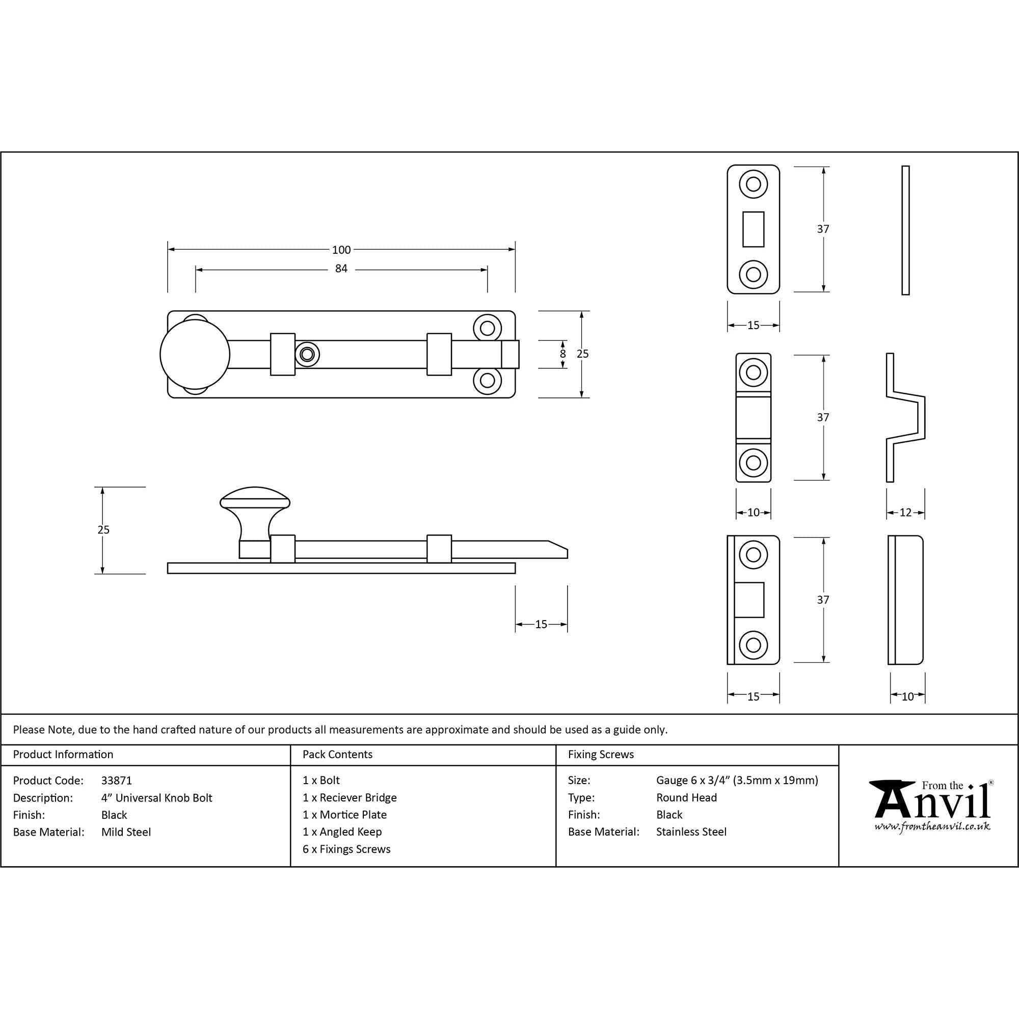 Black 4" Universal Knob Bolt | From The Anvil - Bolts - From The Anvil - Yester Home