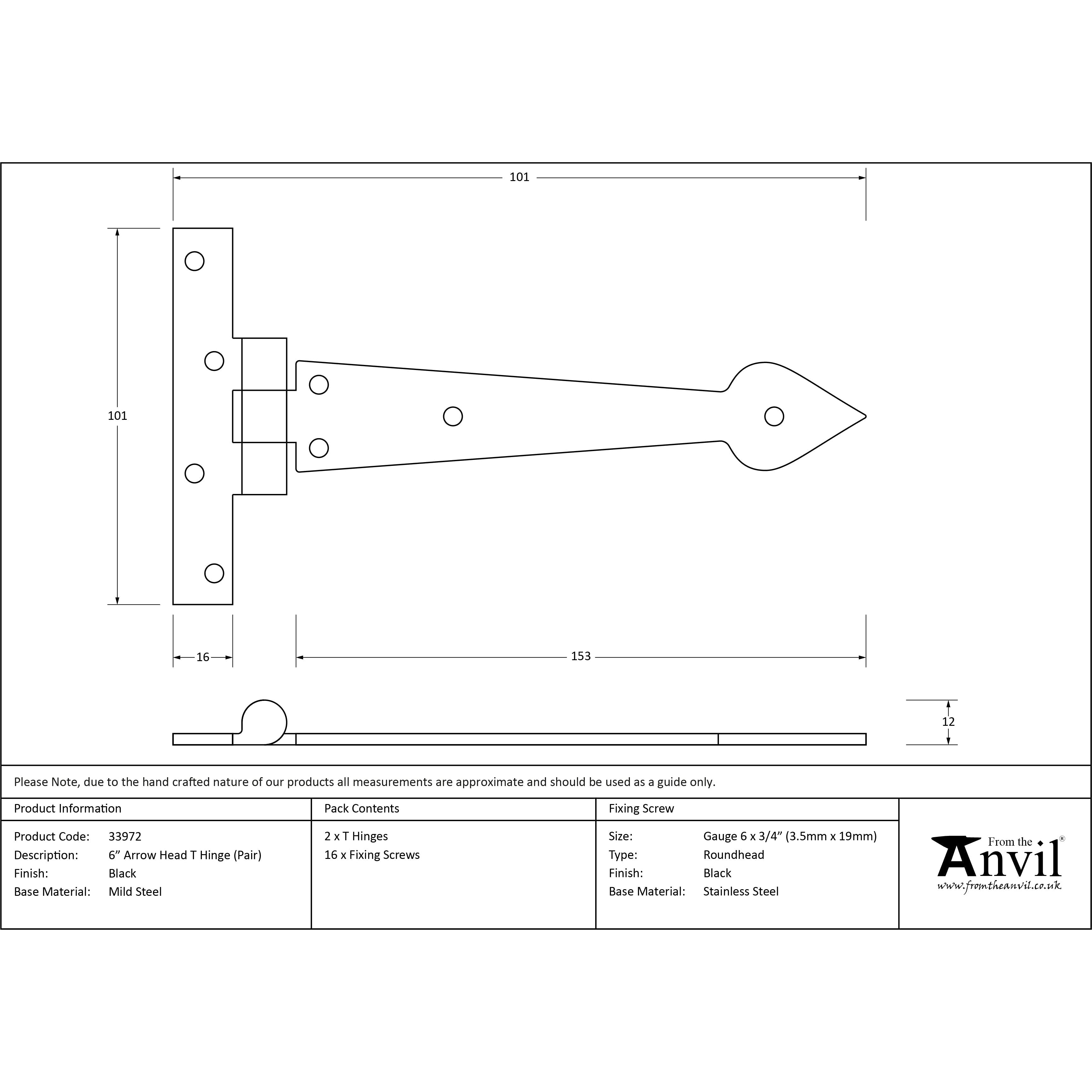 Black 6" Arrow Head T Hinge (pair) | From The Anvil-T Hinges-Yester Home