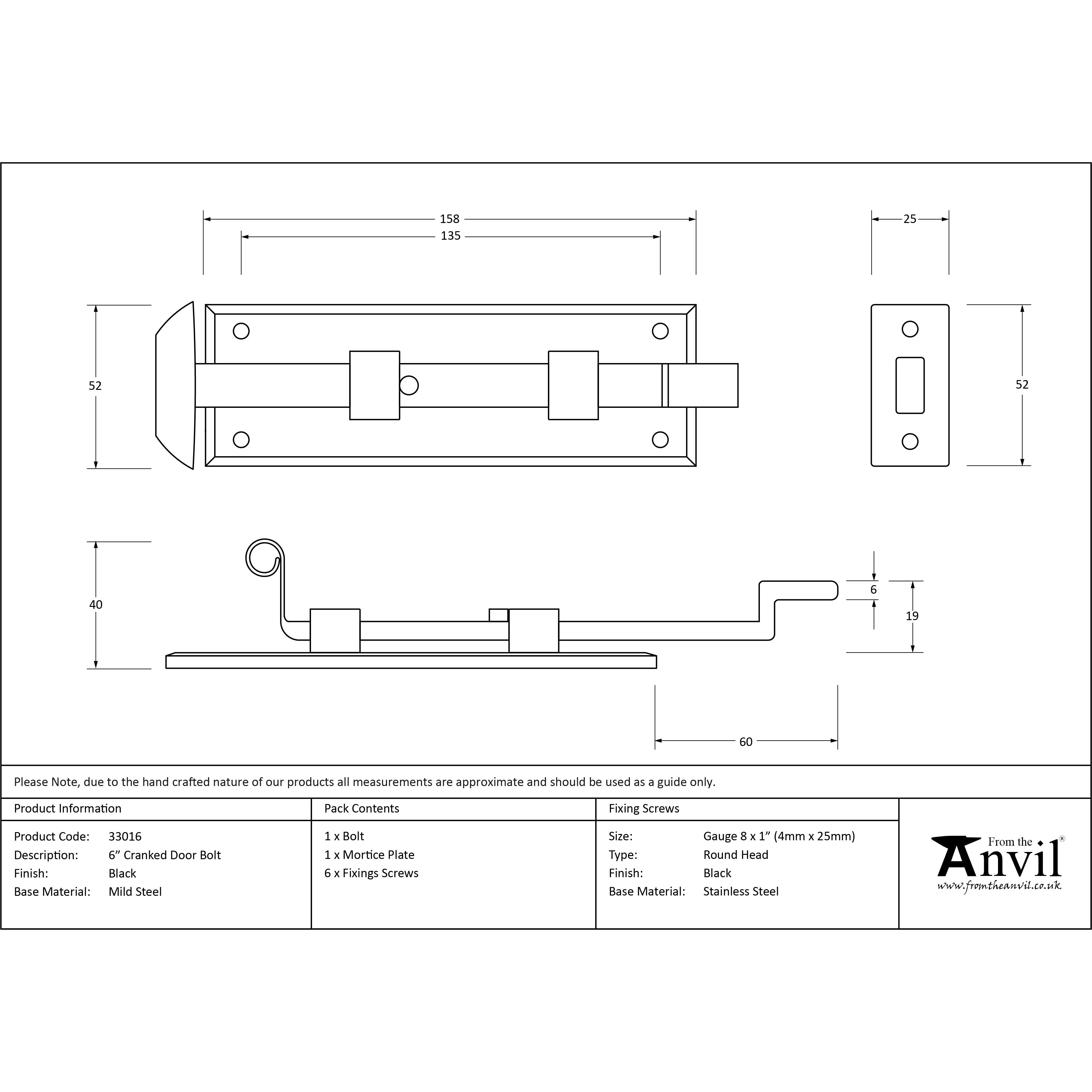 Black 6" Cranked Door Bolt | From The Anvil-Bolts-Yester Home
