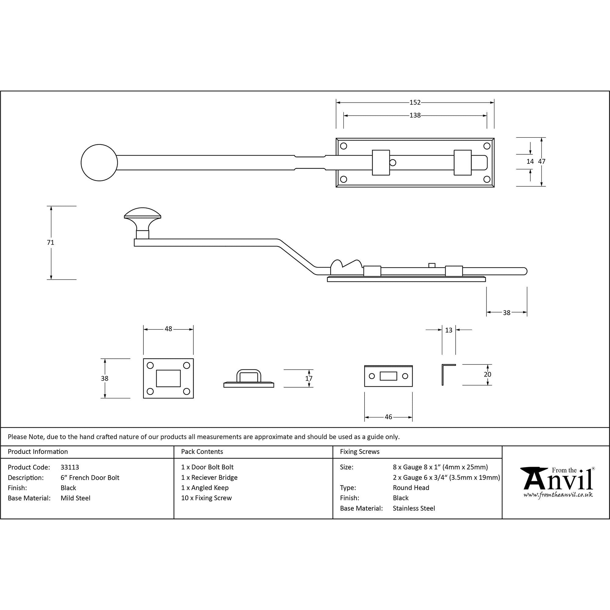 Black 6" French Door Bolt | From The Anvil - Bolts - From The Anvil - Yester Home