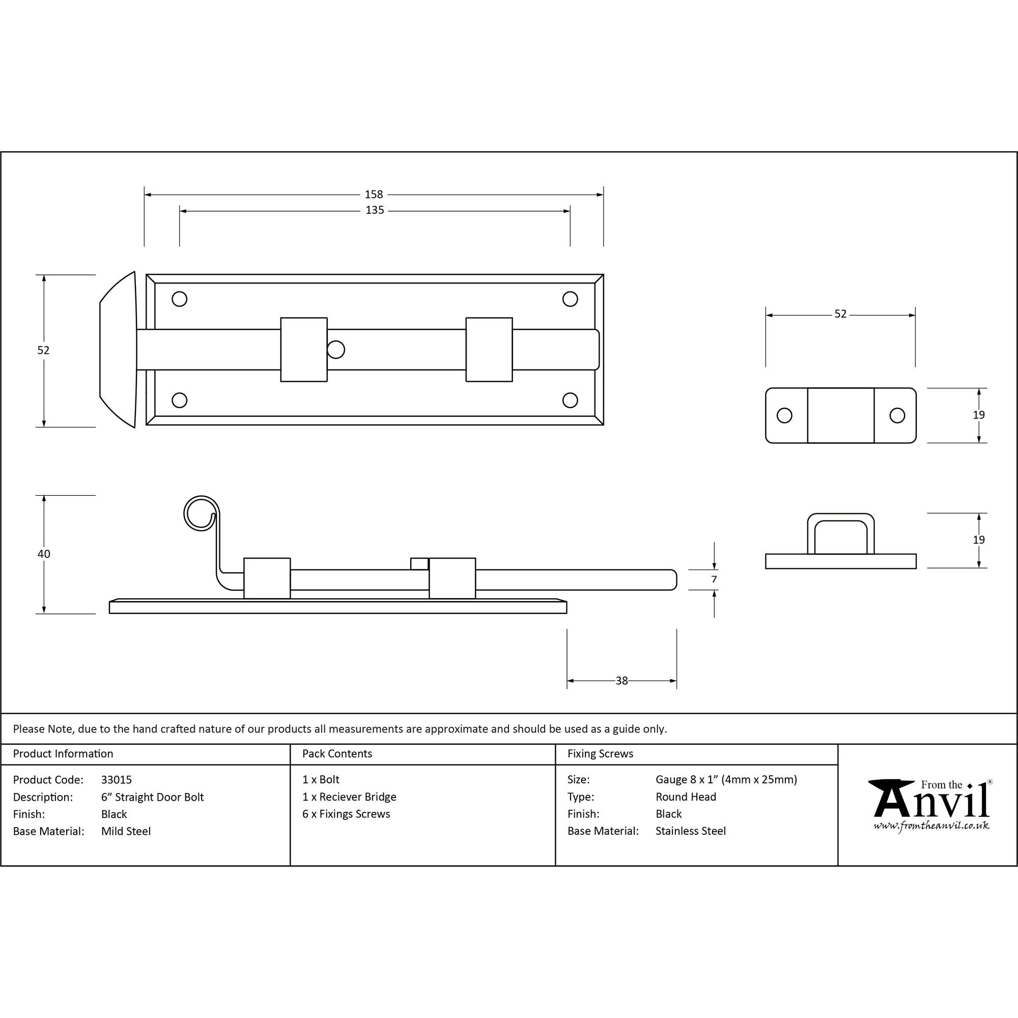 Black 6" Straight Door Bolt | From The Anvil - Bolts - From The Anvil - Yester Home