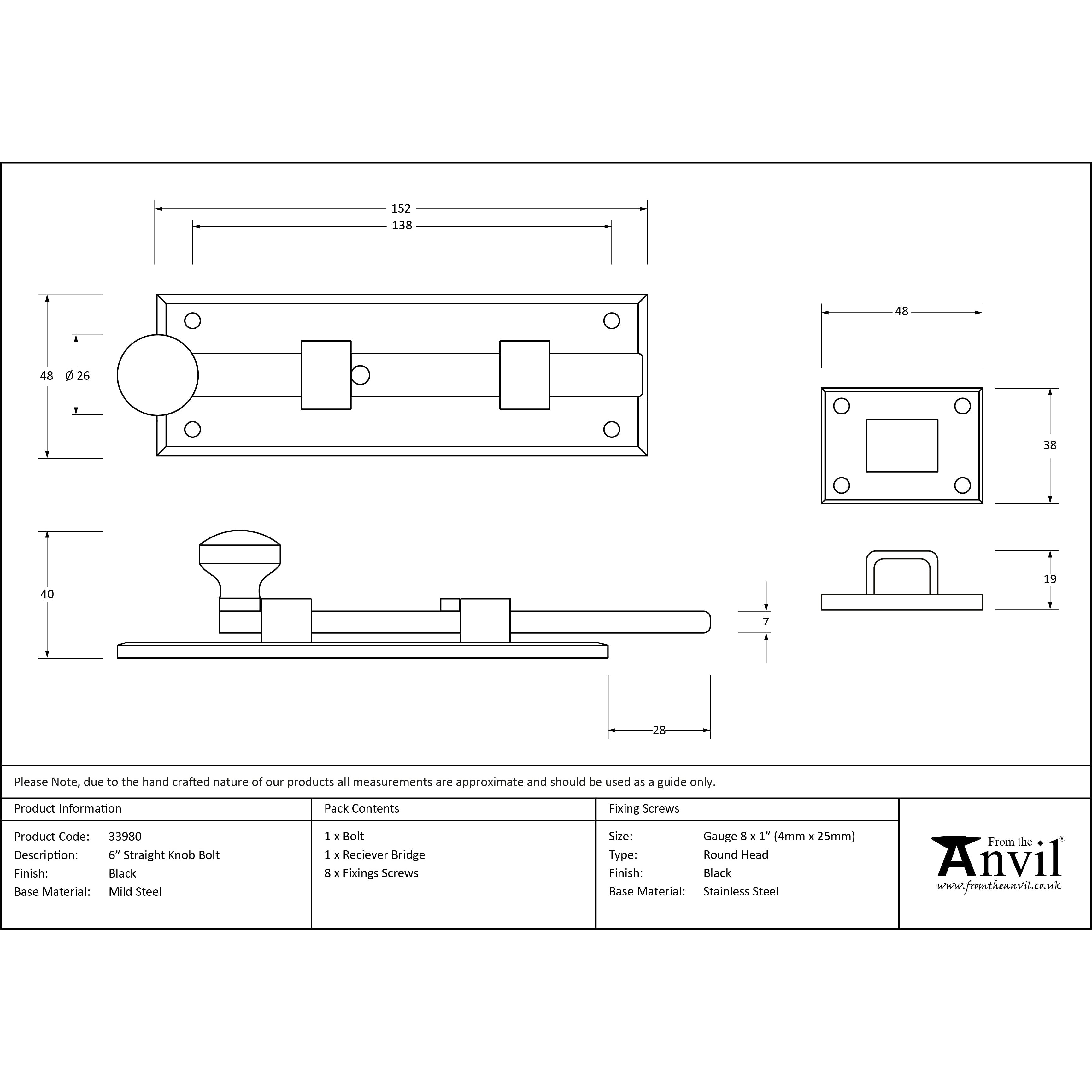 Black 6" Straight Knob Bolt | From The Anvil-Bolts-Yester Home