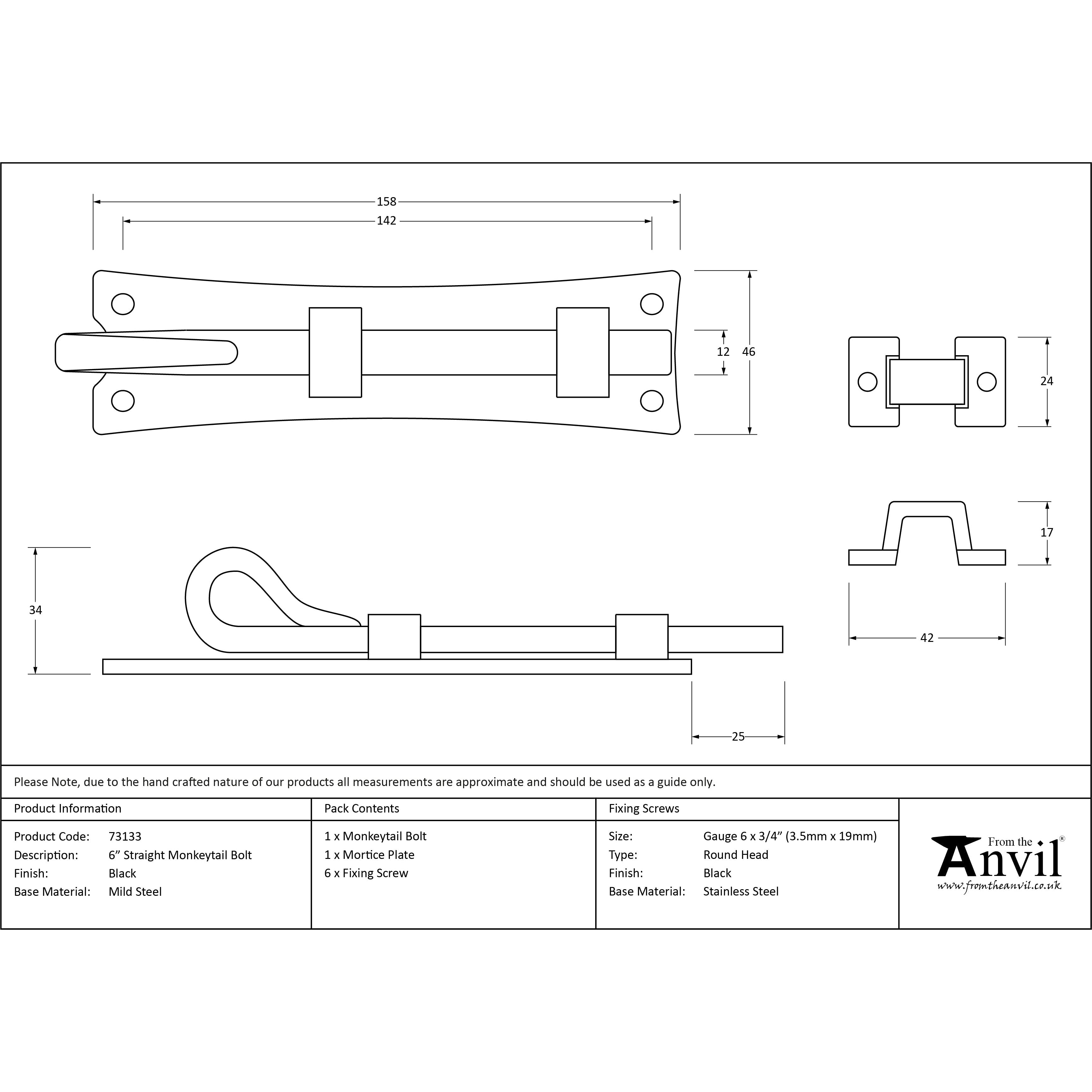 Black 6" Straight Monkeytail Bolt | From The Anvil-Bolts-Yester Home