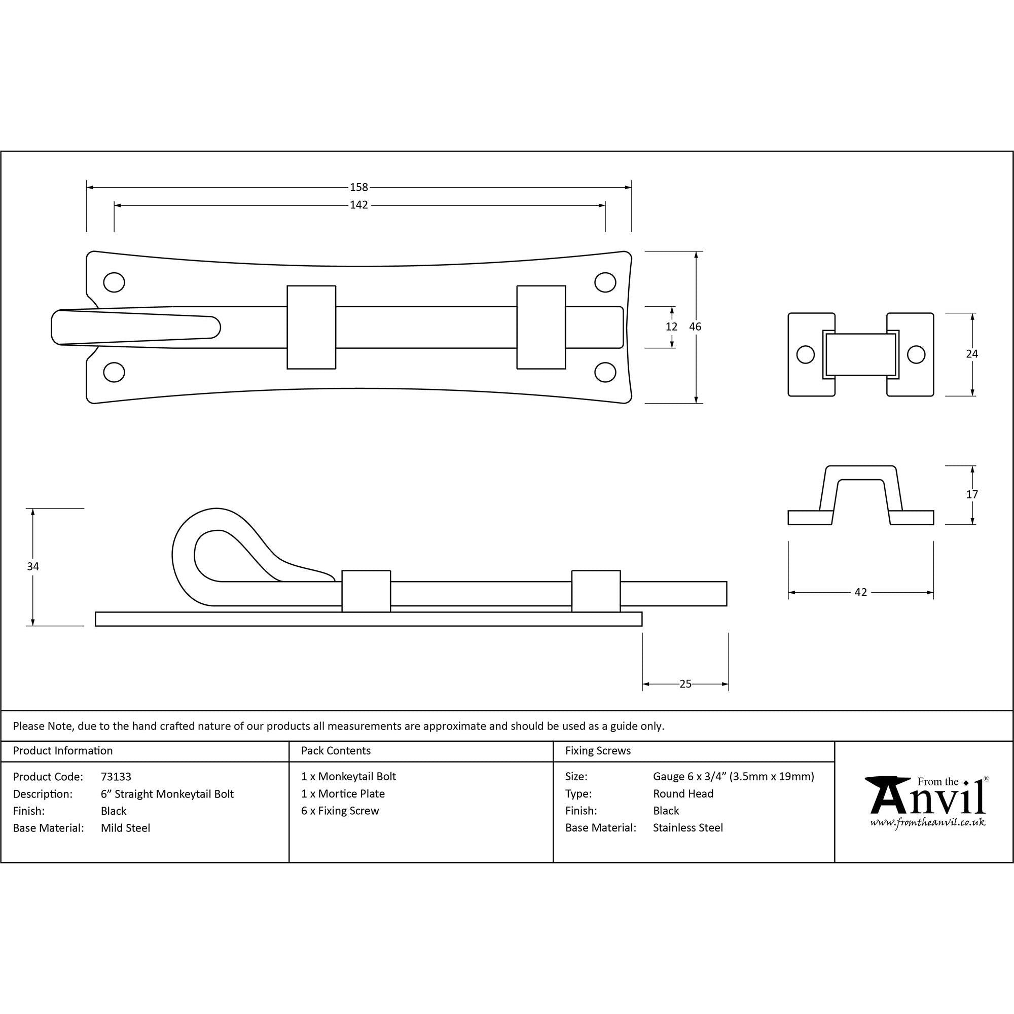 Black 6" Straight Monkeytail Bolt | From The Anvil - Bolts - From The Anvil - Yester Home