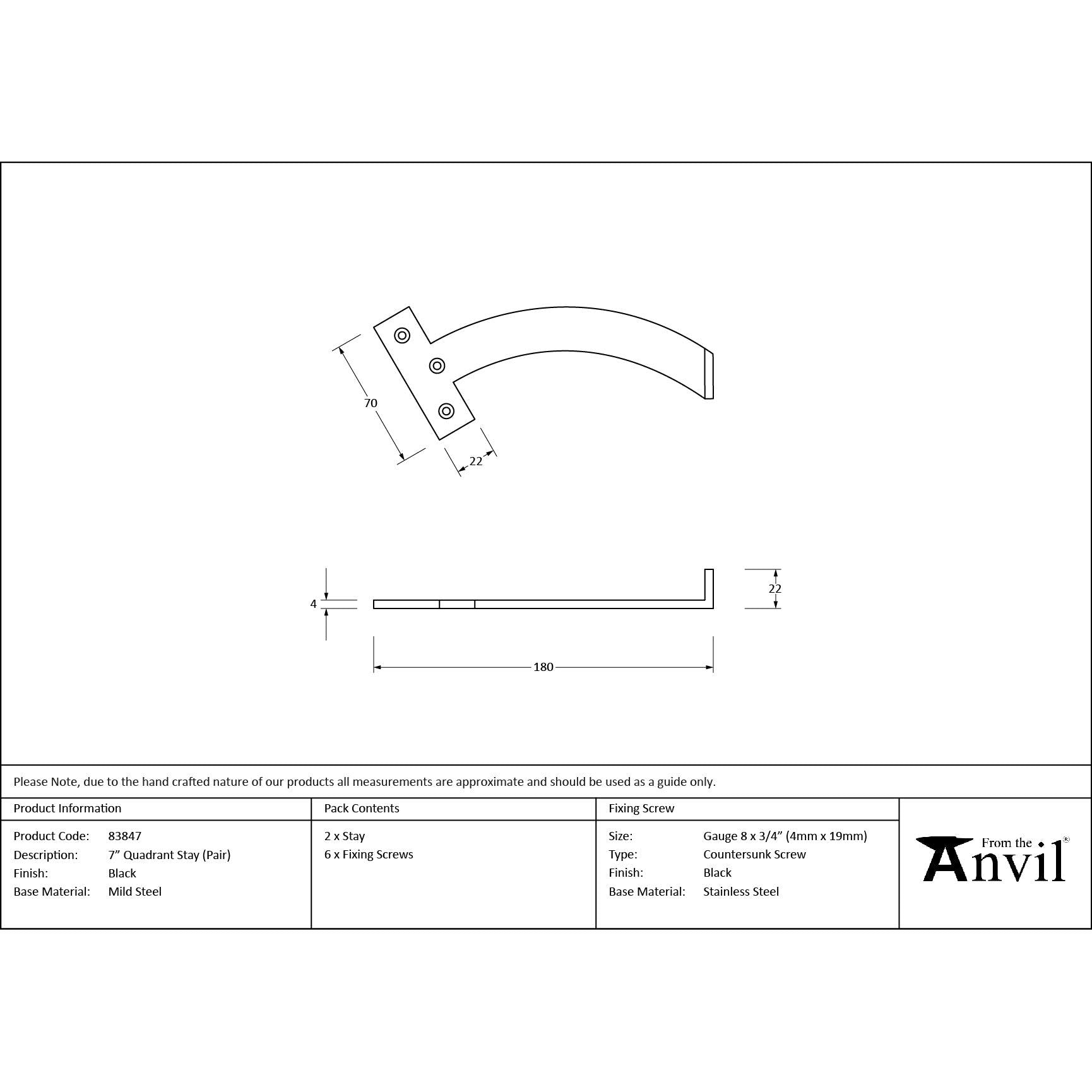 Black 7" Quadrant Stay (Pair) | From The Anvil - Stays - From The Anvil - Yester Home