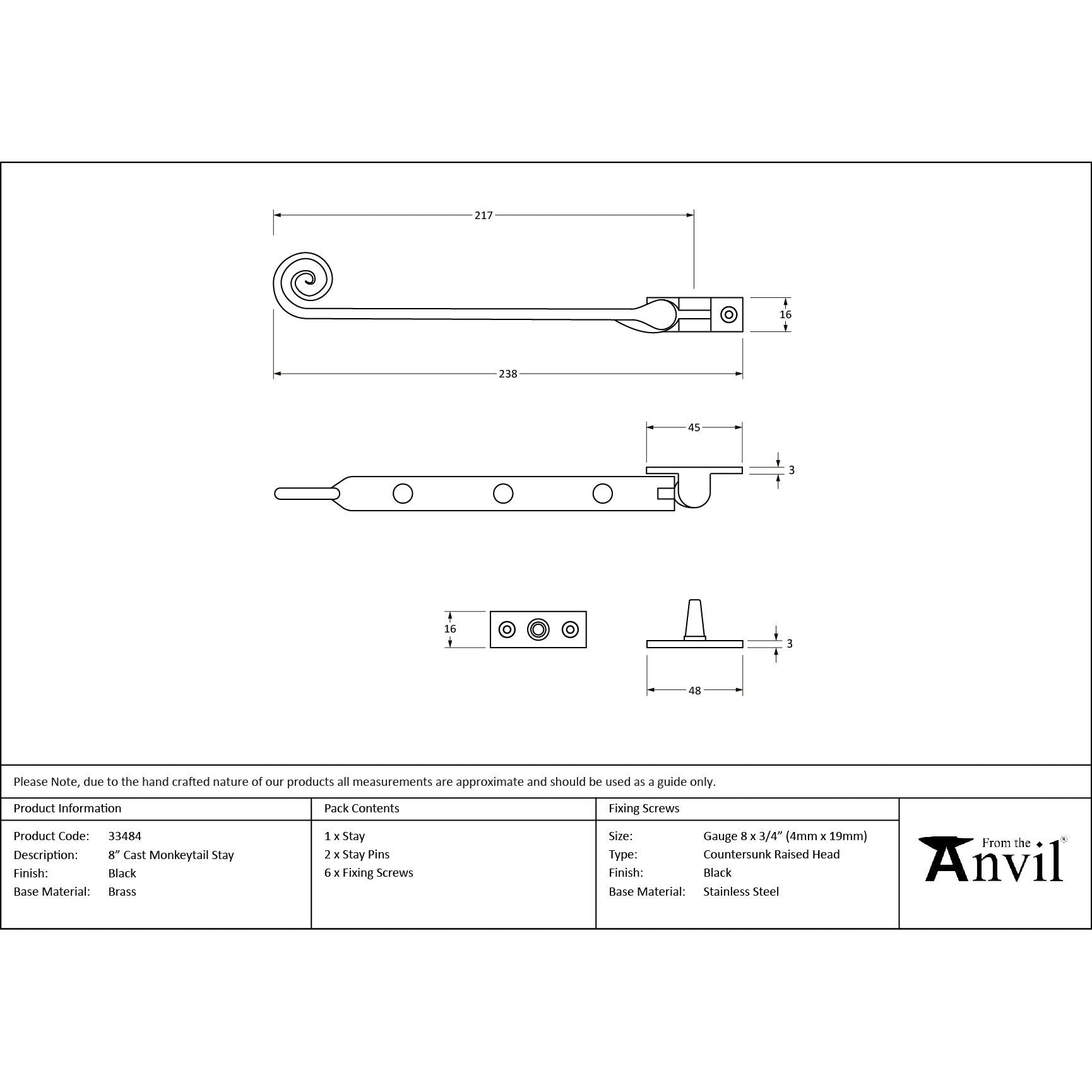 Black 8" Cast Monkeytail Stay | From The Anvil - Stays - From The Anvil - Yester Home