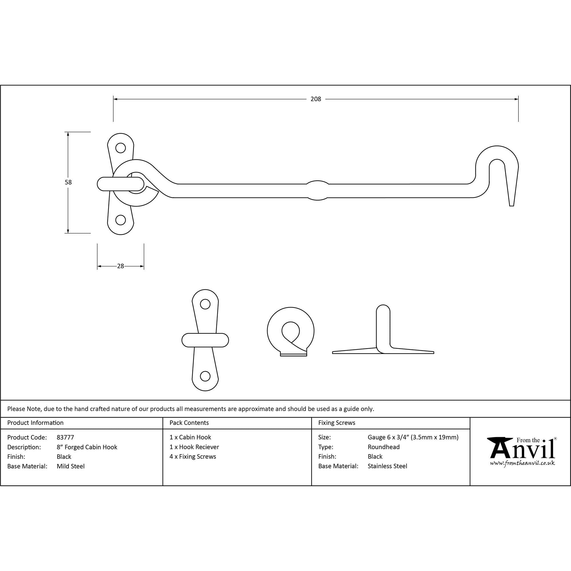 Black 8" Forged Cabin Hook | From The Anvil - Cabin Hooks - From The Anvil - Yester Home