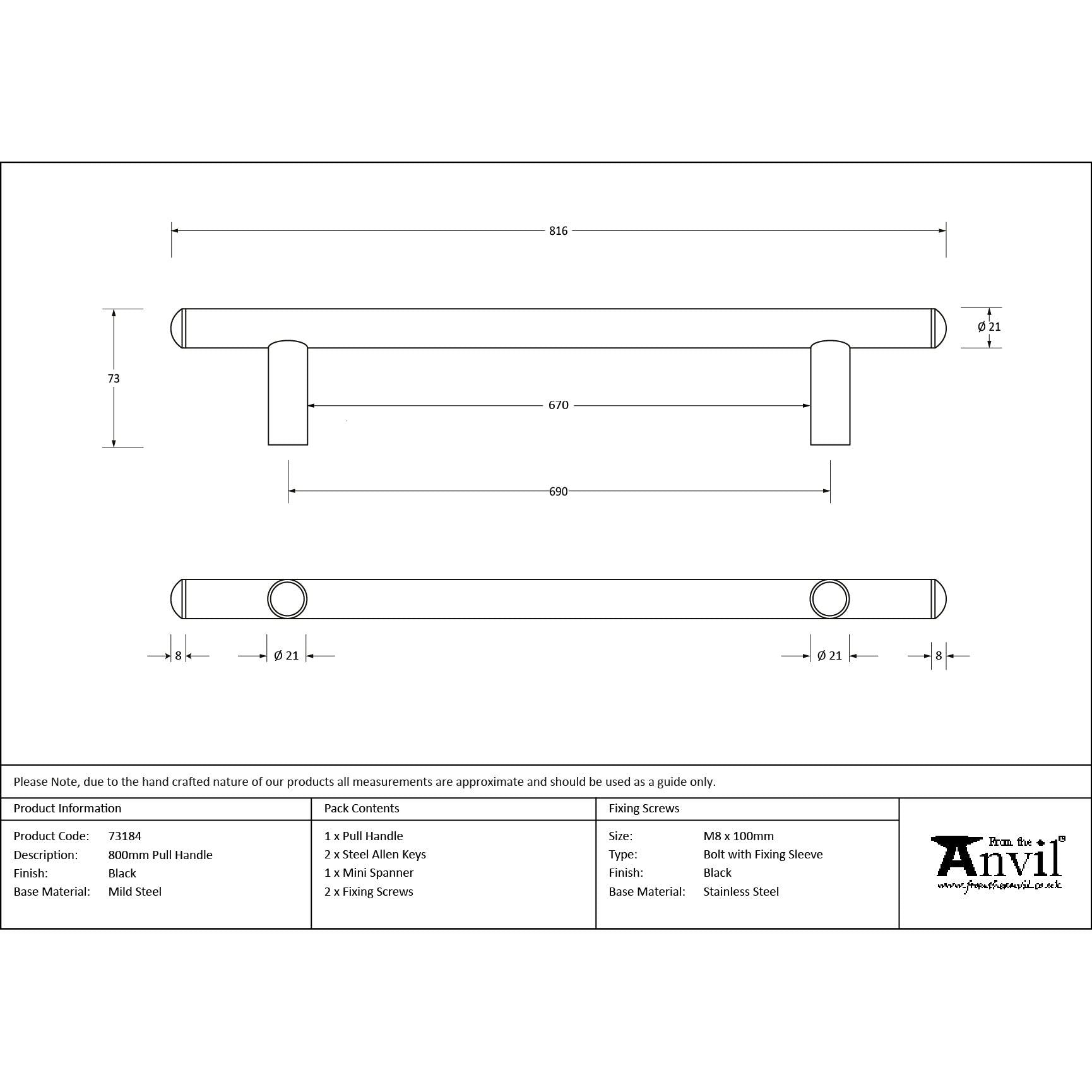 Black 800mm Pull Handle | From The Anvil - Door Pull Handles - From The Anvil - Yester Home