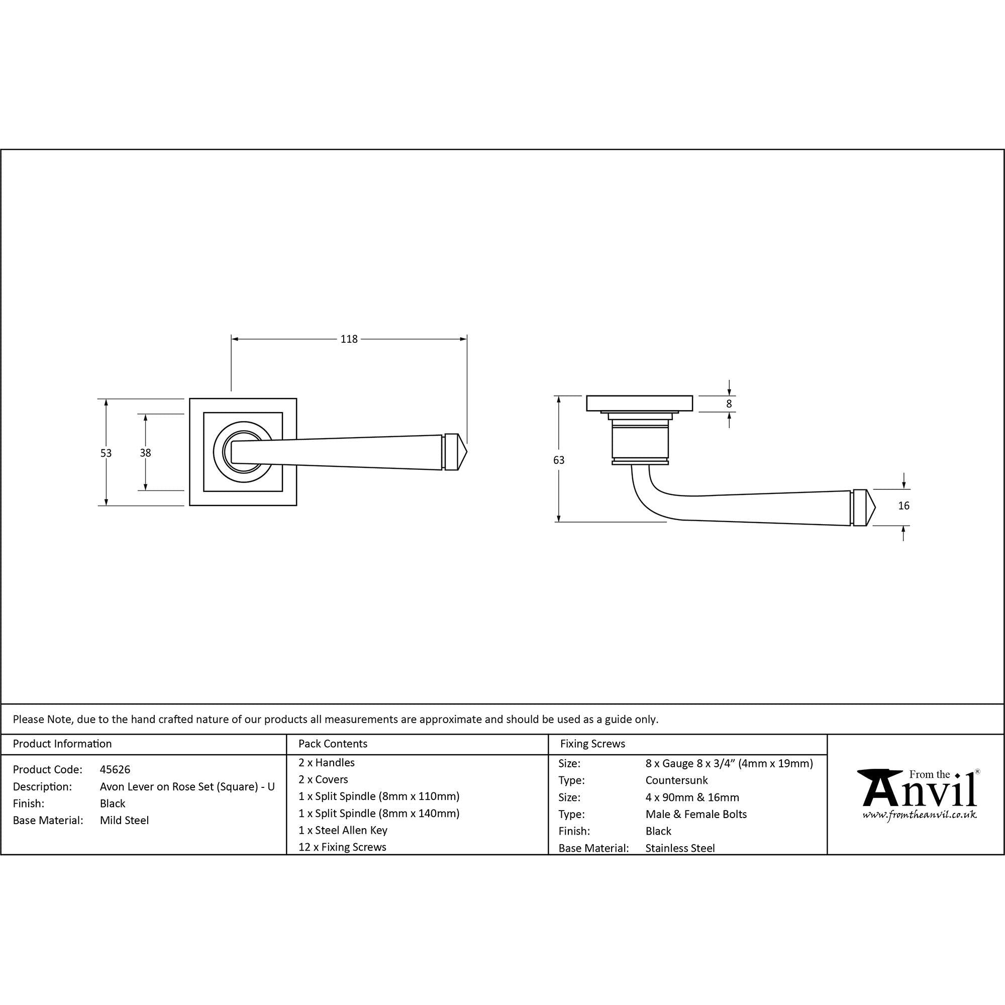 Black Avon Round Lever on Rose Set (Square) - Unsprung | From The Anvil - Concealed - From The Anvil - Yester Home