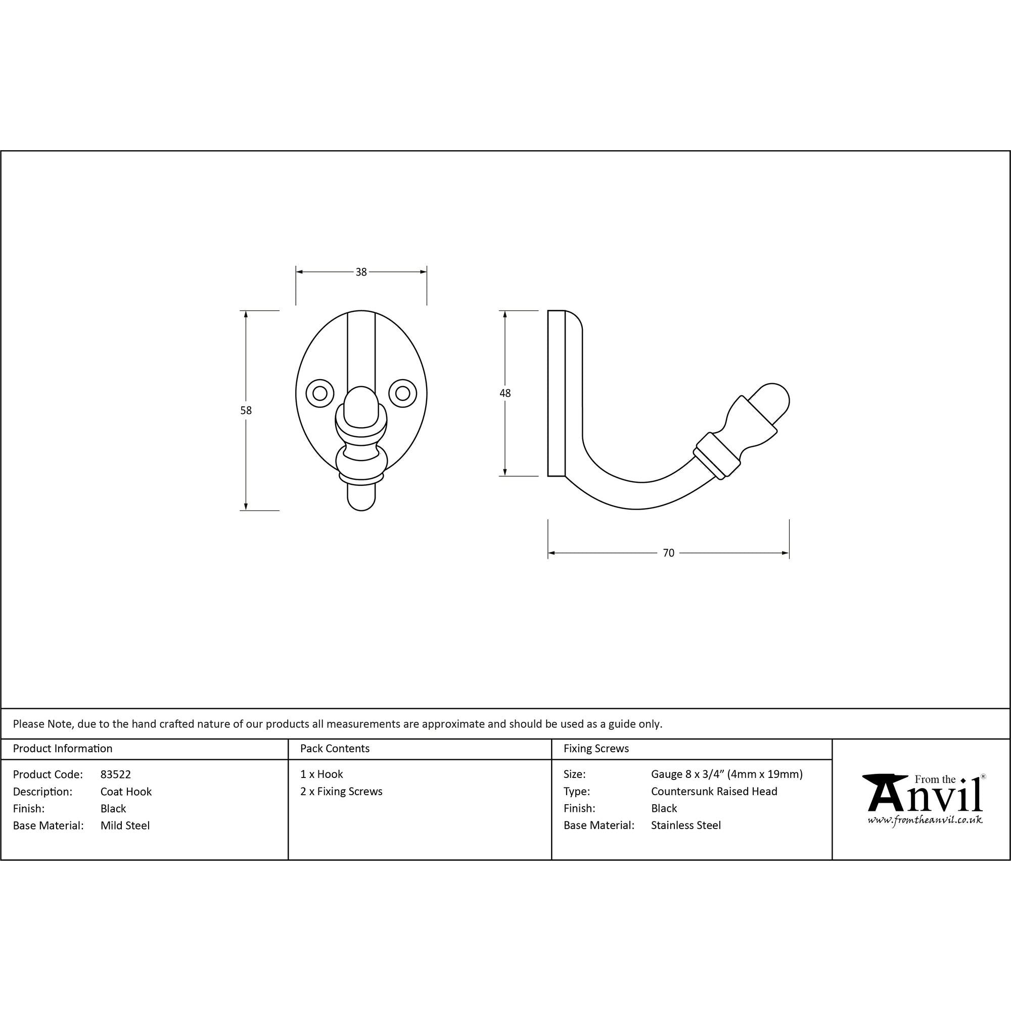 Black Coat Hook | From The Anvil - Coat Hooks - From The Anvil - Yester Home