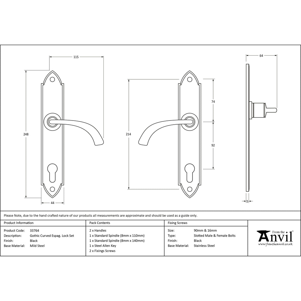 Black Gothic Curved Lever Espag. Lock Set | From The Anvil-Espagnolette-Yester Home