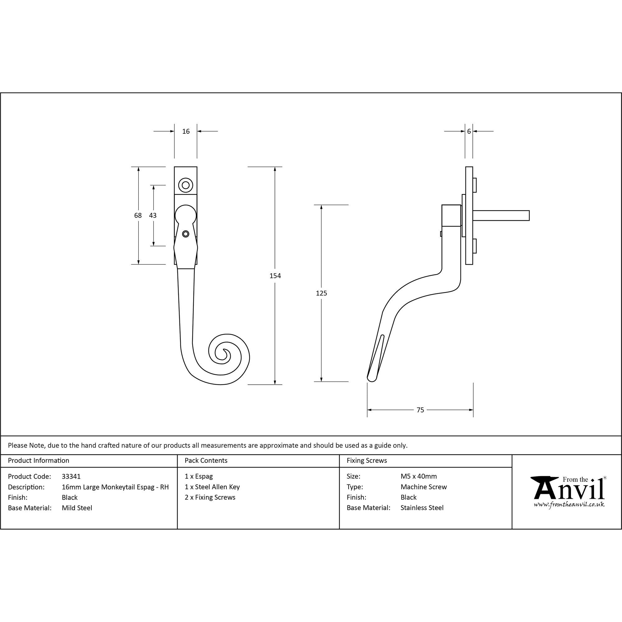 Black Large 16mm Monkeytail Espag - RH | From The Anvil - Espag. Fasteners - From The Anvil - Yester Home