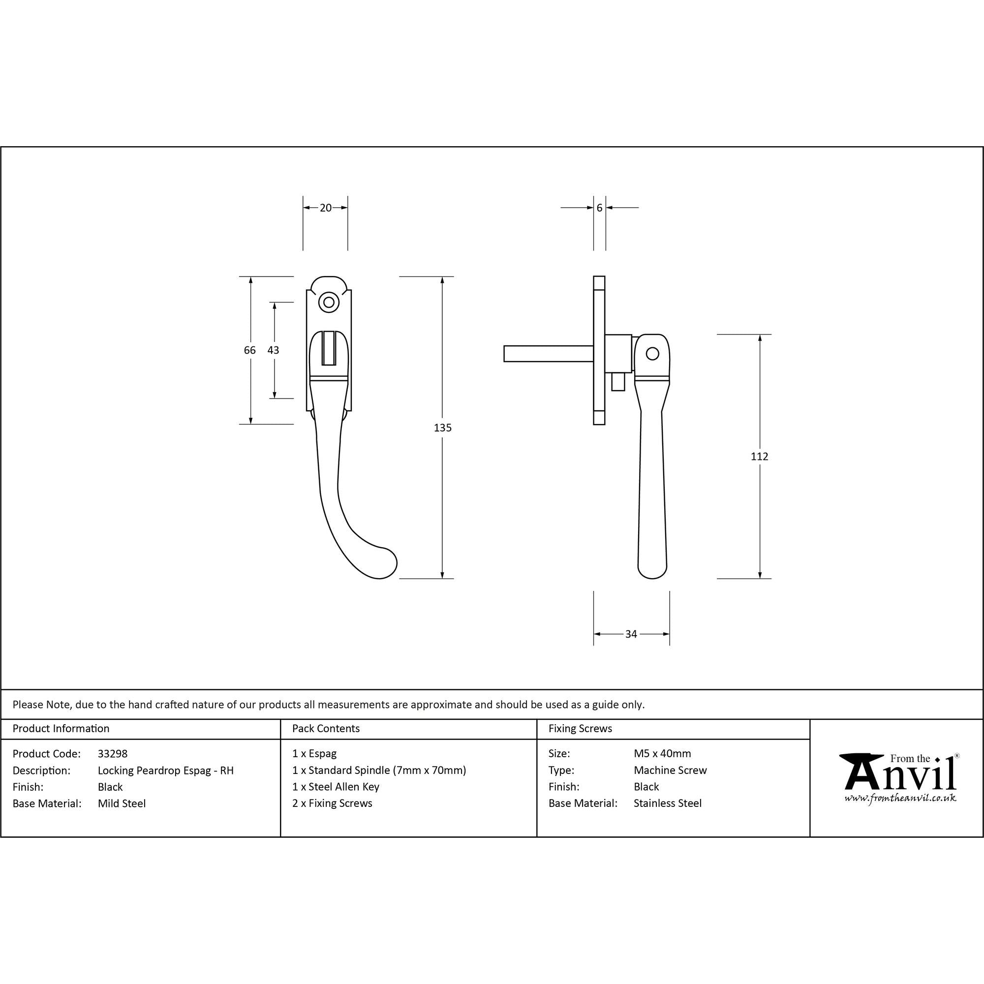 Black Locking Peardrop Espag - RH | From The Anvil - Espag. Fasteners - From The Anvil - Yester Home