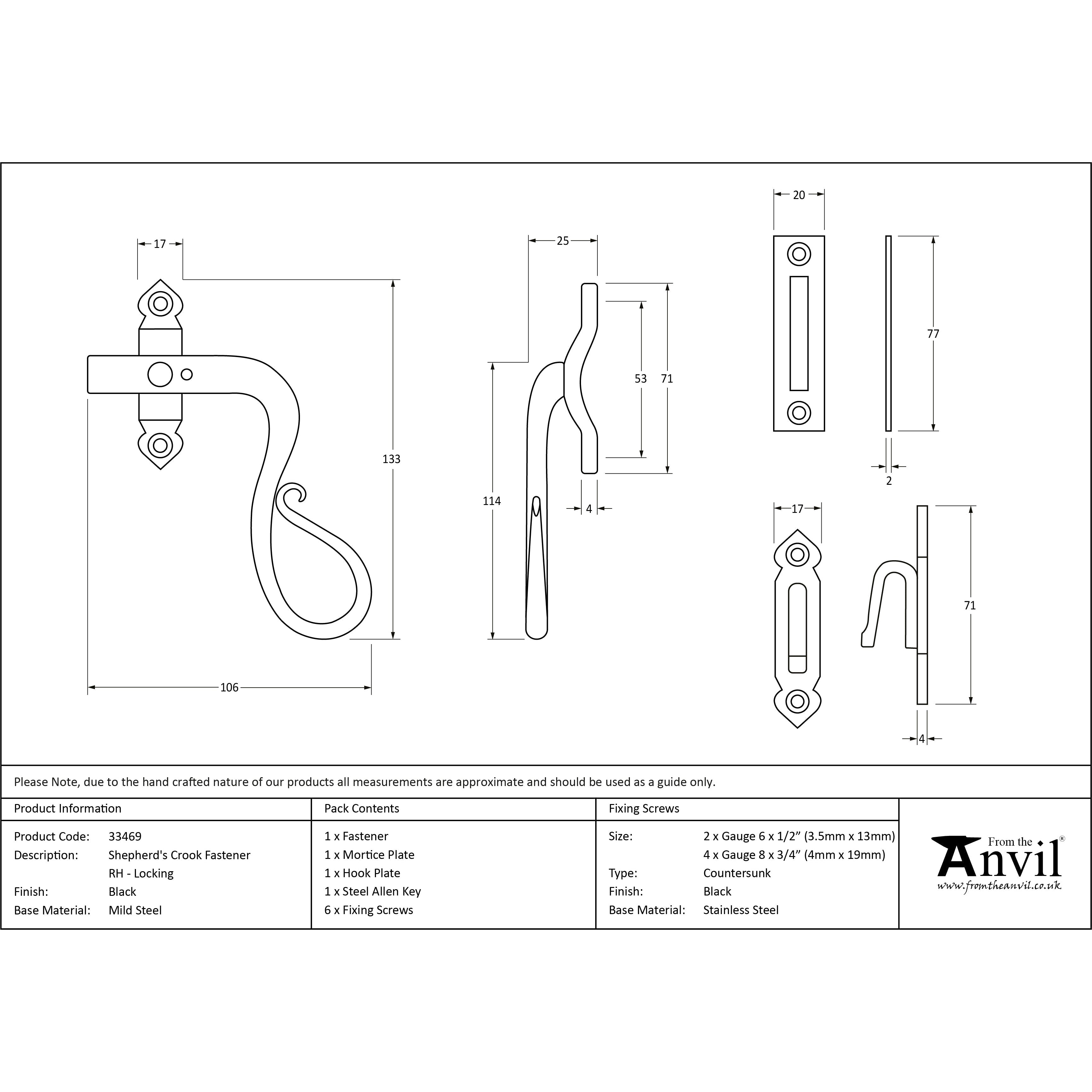 Black Locking Shepherd's Crook Fastener - RH | From The Anvil-Locking Fasteners-Yester Home