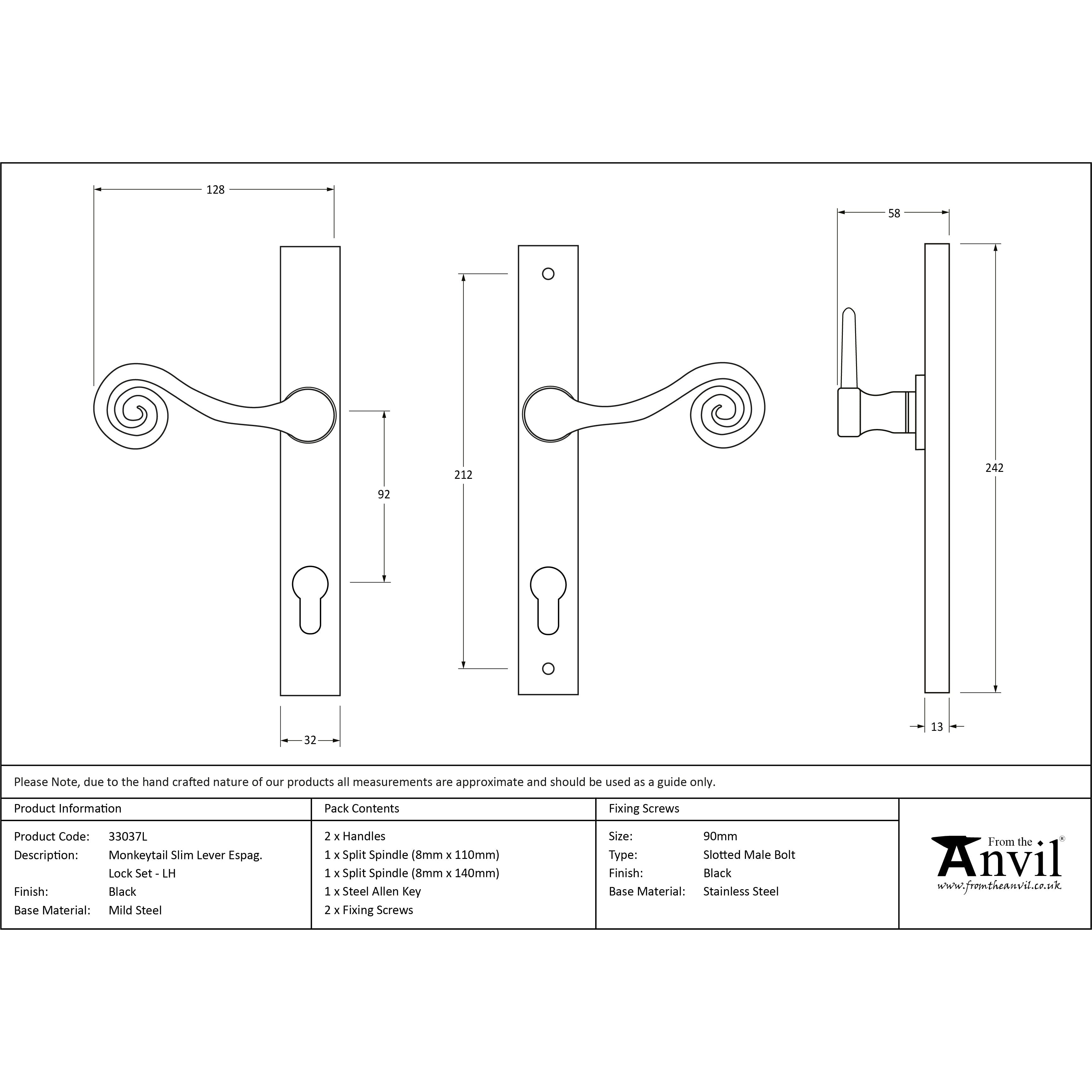 Black Monkeytail Slimline Lever Espag. Lock Set - LH | From The Anvil-Espagnolette-Yester Home