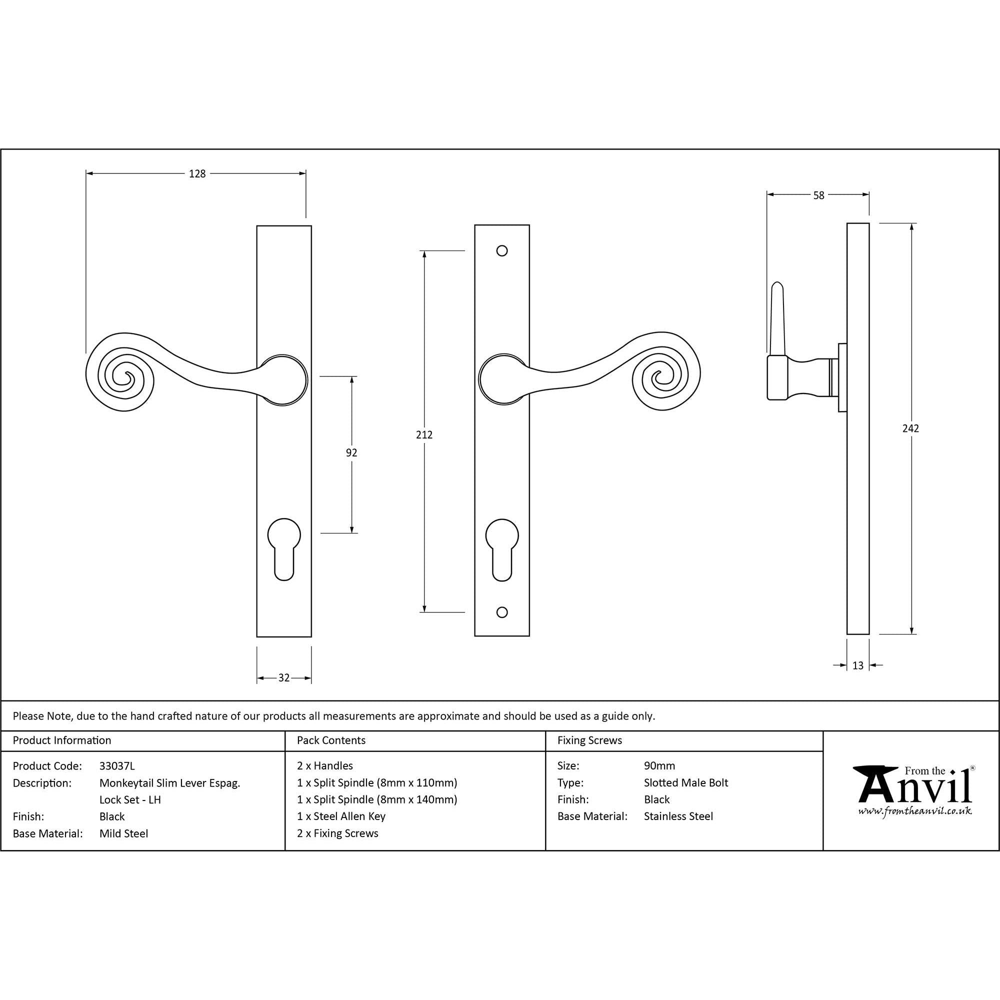 Black Monkeytail Slimline Lever Espag. Lock Set - LH | From The Anvil - Espagnolette - From The Anvil - Yester Home
