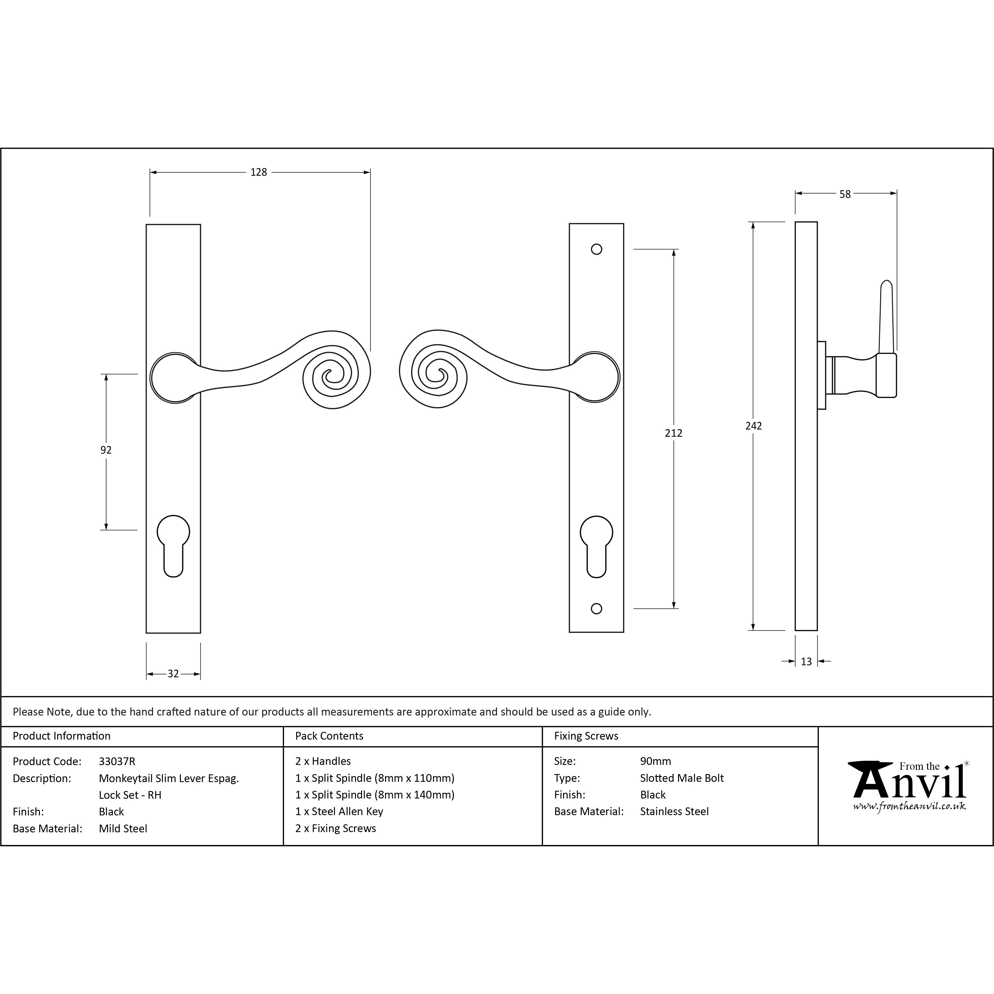 Black Monkeytail Slimline Lever Espag. Lock Set - RH | From The Anvil-Espagnolette-Yester Home