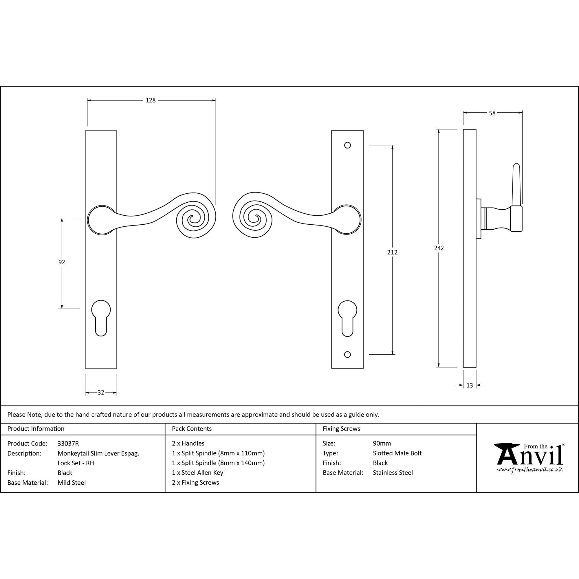 Black Monkeytail Slimline Lever Espag. Lock Set - RH | From The Anvil - Espagnolette - From The Anvil - Yester Home