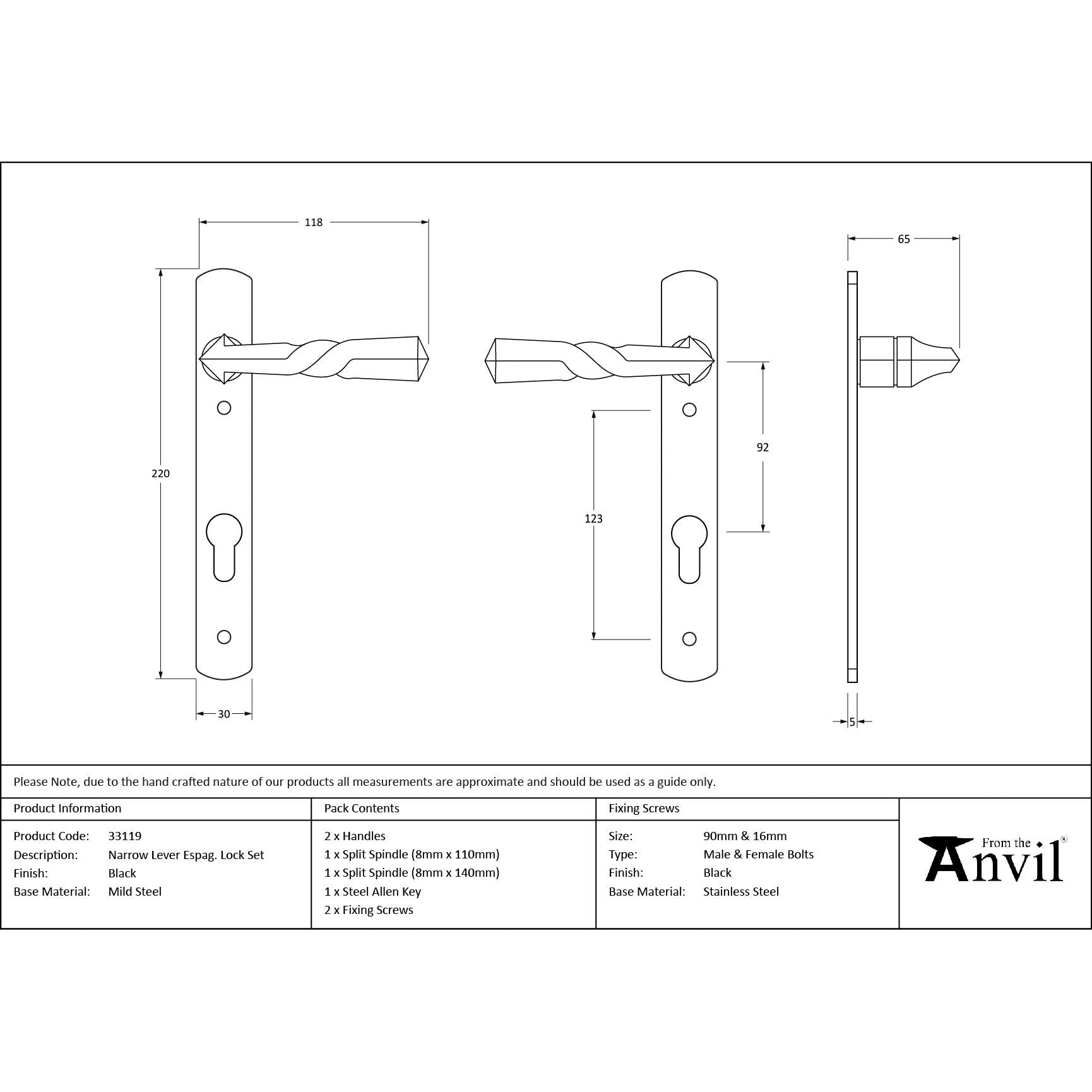 Black Narrow Lever Espag. Lock Set | From The Anvil - Espagnolette - From The Anvil - Yester Home