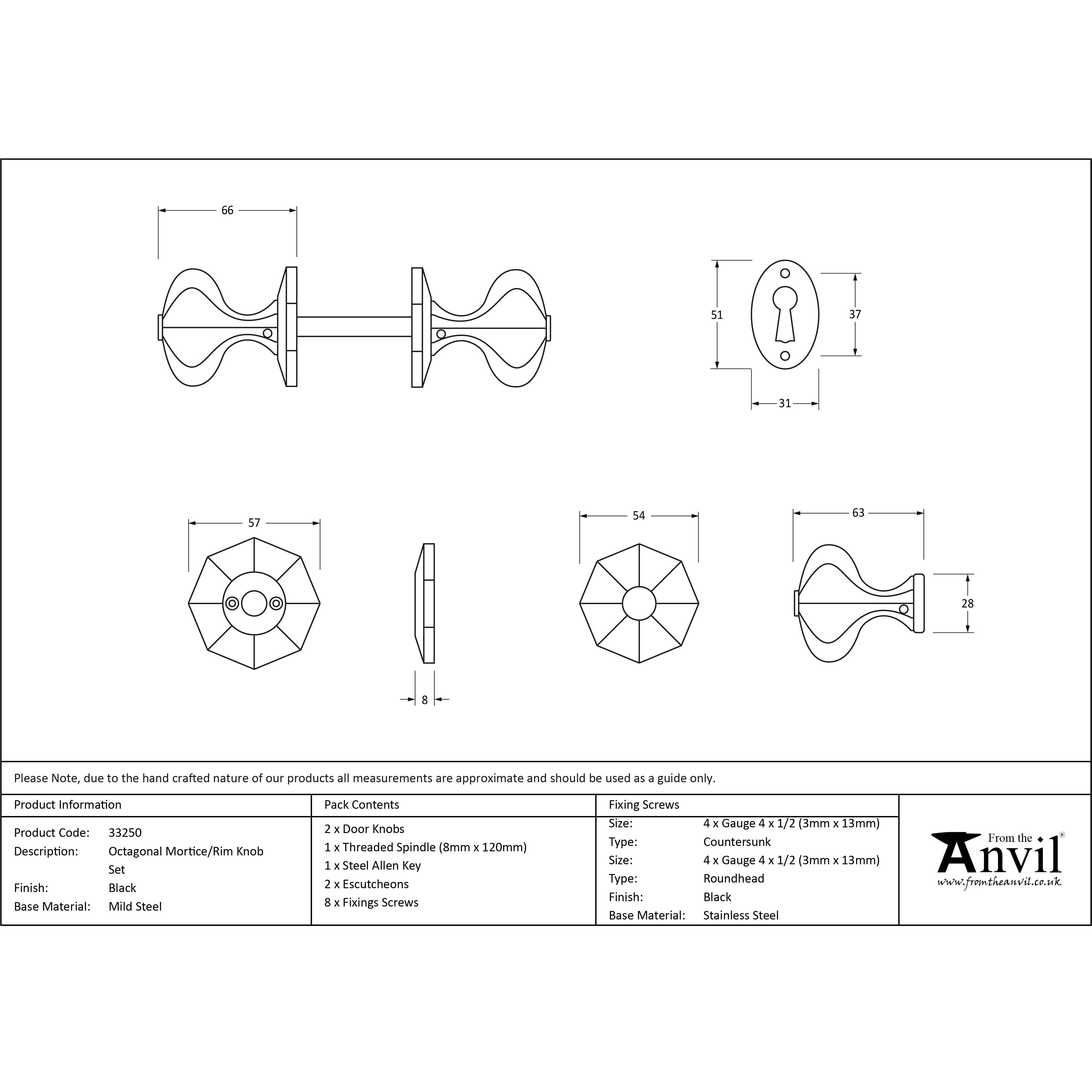 Black Octagonal Mortice/Rim Knob Set | From The Anvil-Mortice Knobs-Yester Home