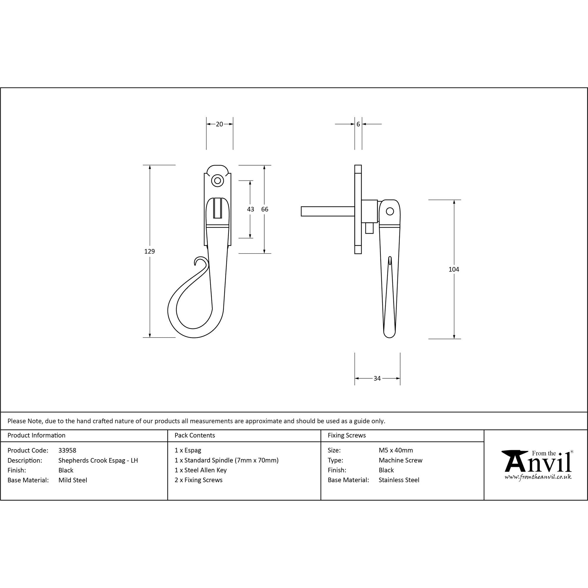 Black Shepherd's Crook Espag - LH | From The Anvil - Espag. Fasteners - From The Anvil - Yester Home