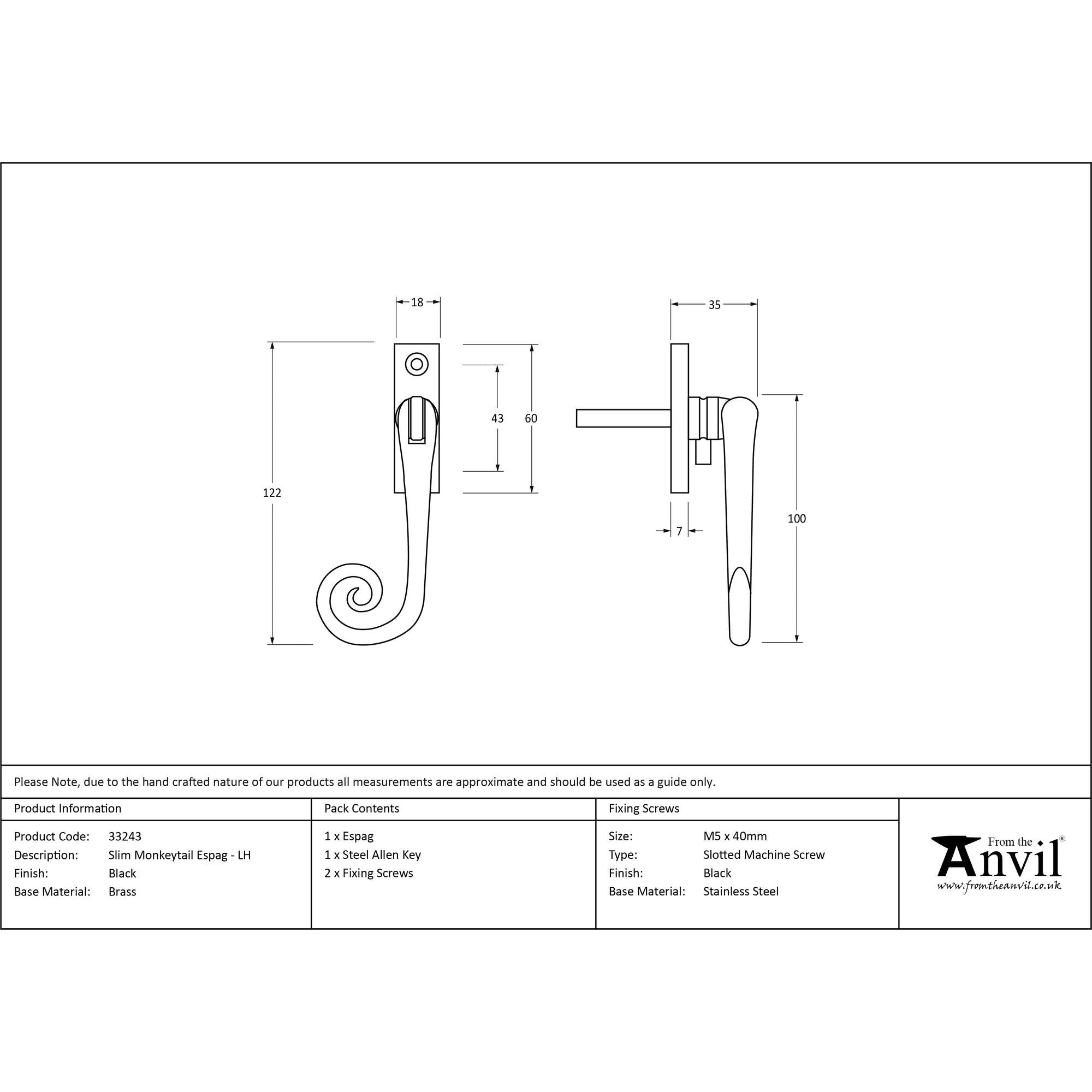 Black Slim Monkeytail Espag - LH | From The Anvil - Espag. Fasteners - From The Anvil - Yester Home