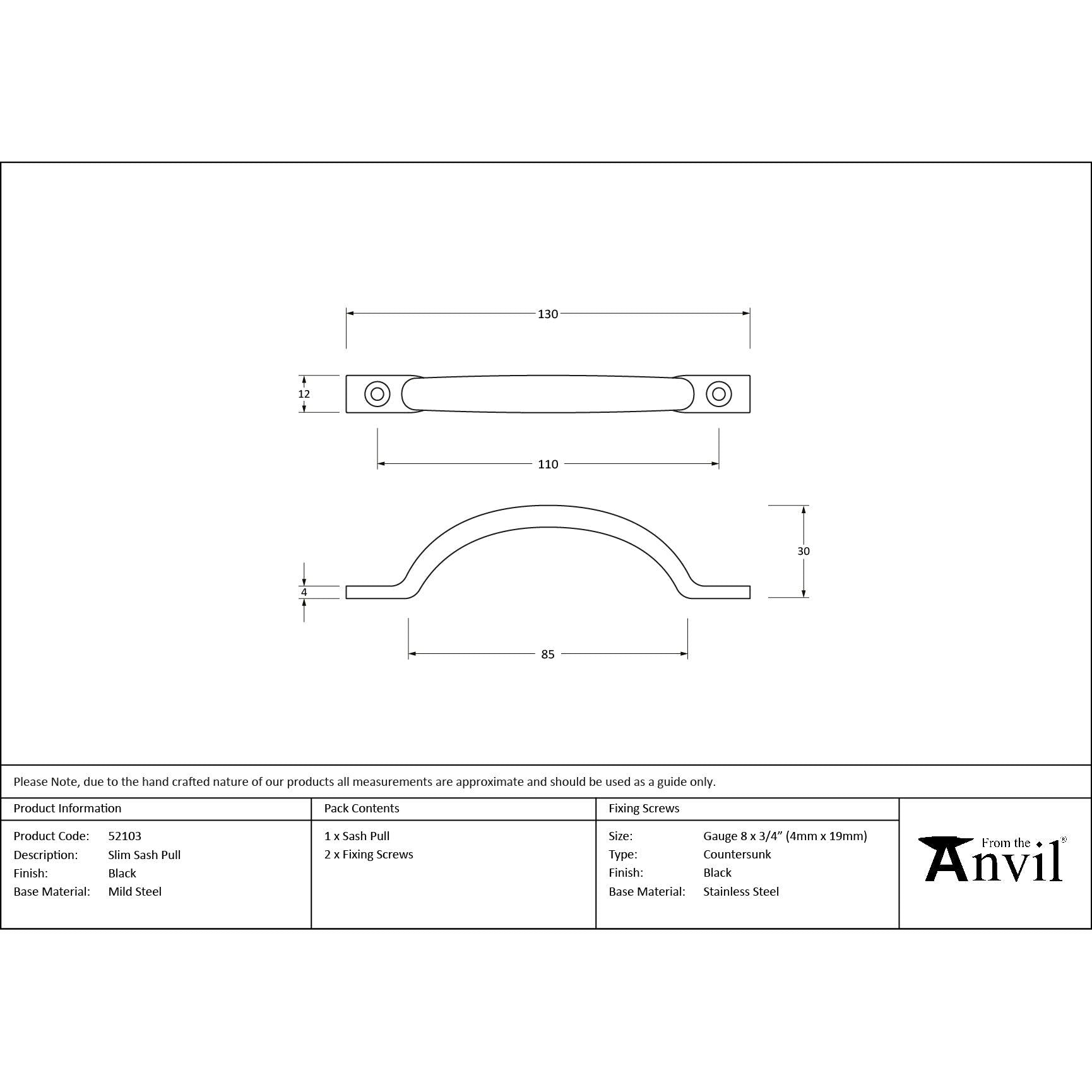 Black Slim Sash Pull - Sash Lifts - From The Anvil - Yester Home
