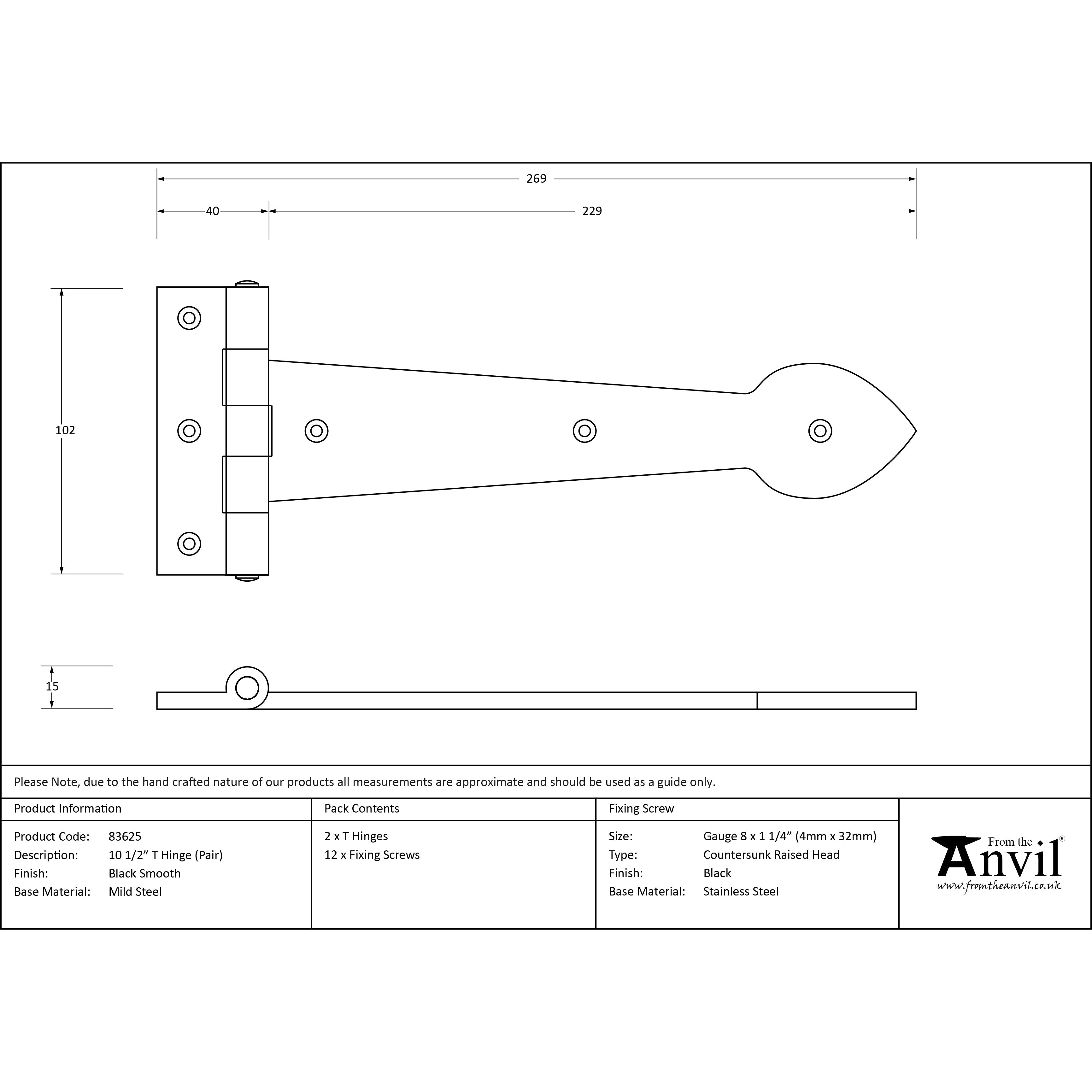 Black Smooth 10½" Cast T Hinge (pair) | From The Anvil-T Hinges-Yester Home