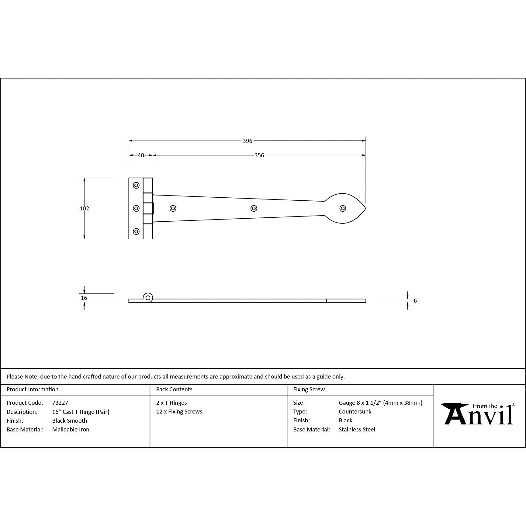 Black Smooth 16" Cast T Hinge (pair) | From The Anvil - T Hinges - From The Anvil - Yester Home