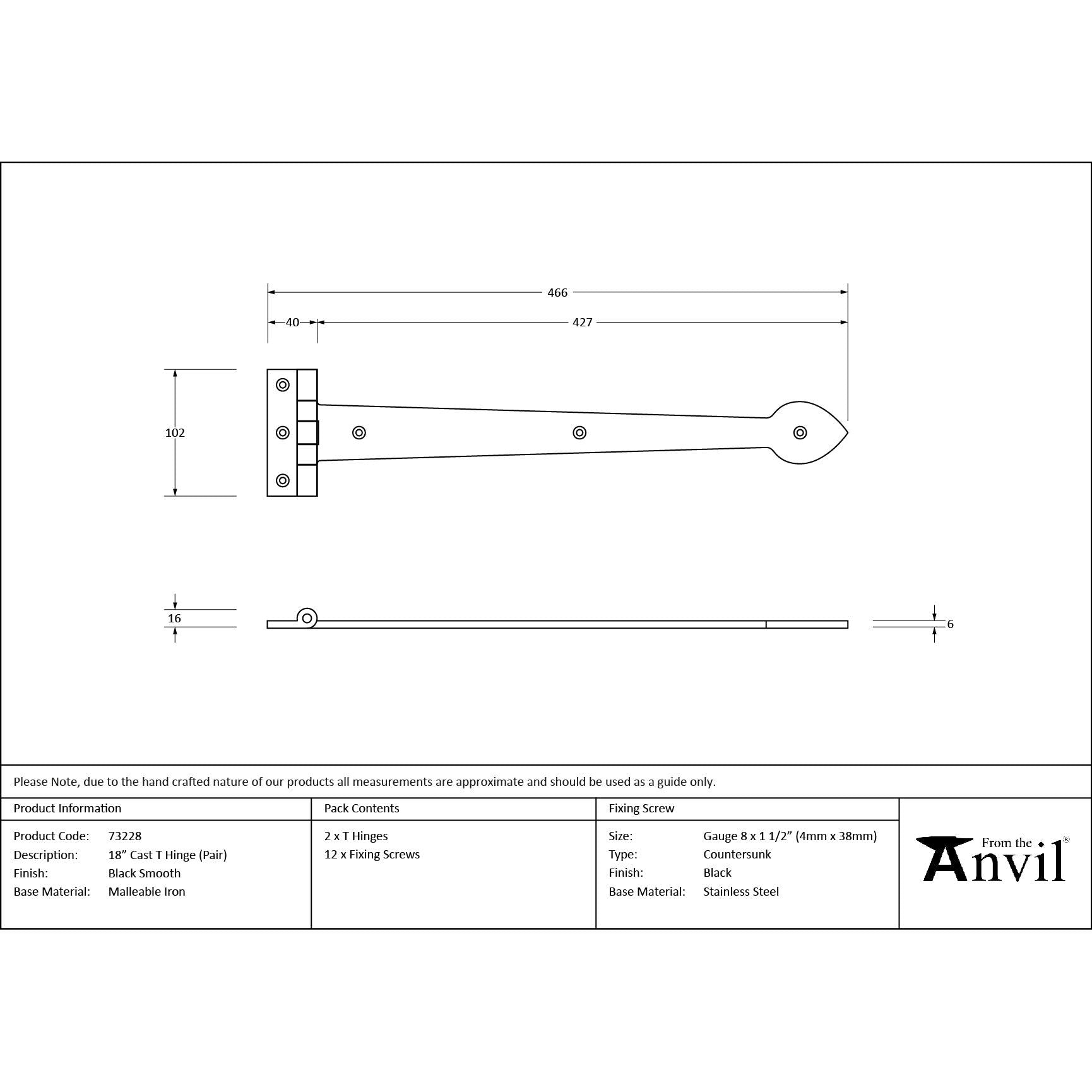 Black Smooth 18" Cast T Hinge (pair) | From The Anvil - T Hinges - From The Anvil - Yester Home
