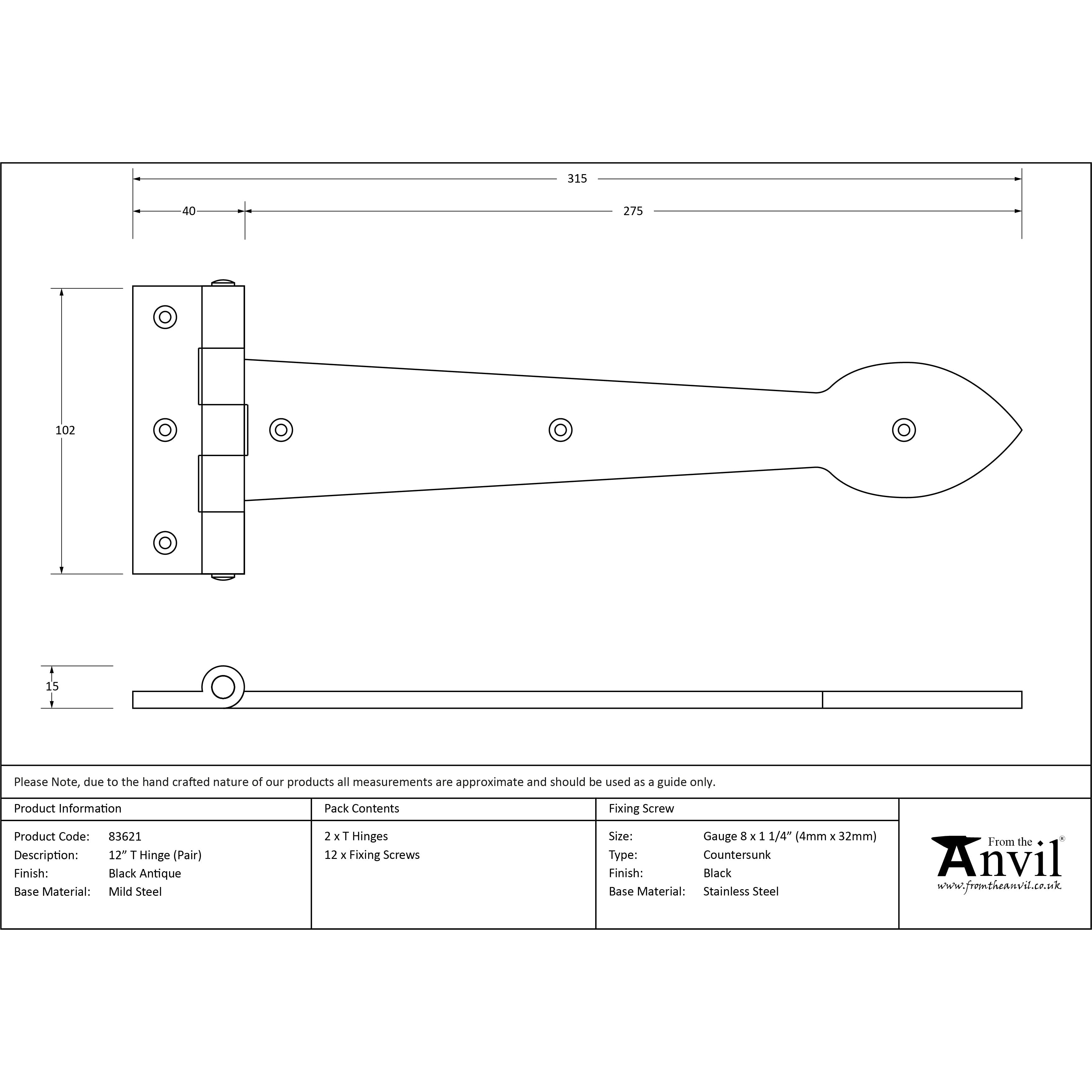 Black Textured 12" Cast T Hinge (pair) | From The Anvil-T Hinges-Yester Home