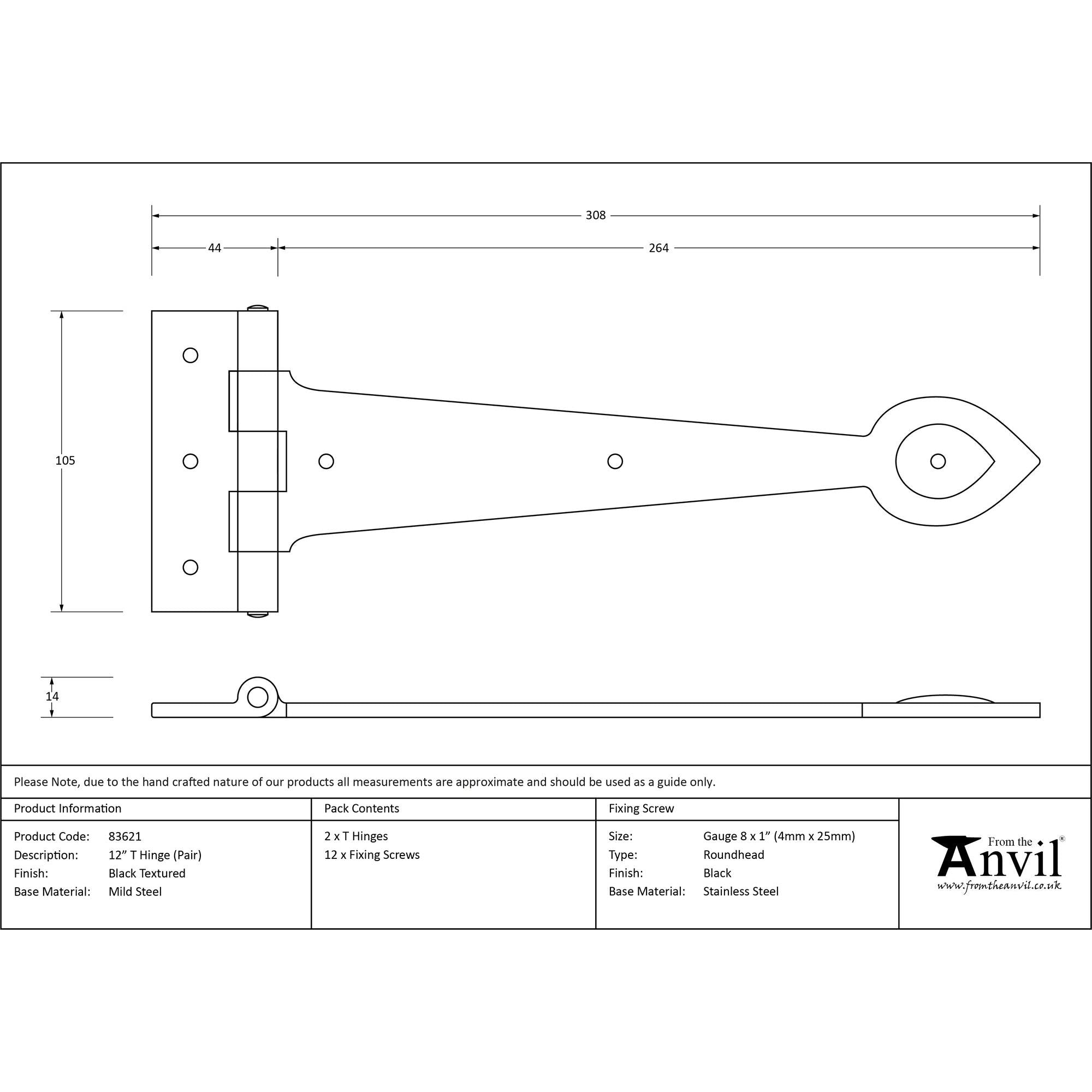 Black Textured 12" Cast T Hinge (pair) | From The Anvil - T Hinges - From The Anvil - Yester Home